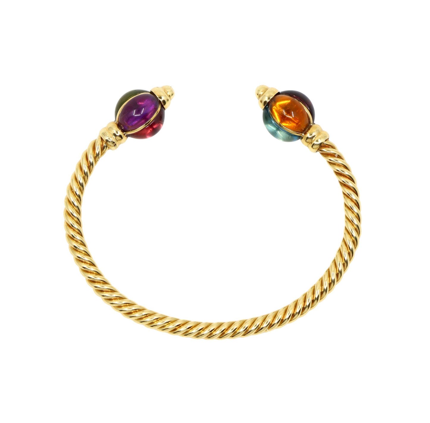 1980's Bulgari 18K Gold Multi-Gemstone Twisted Rope Cuff Bracelet