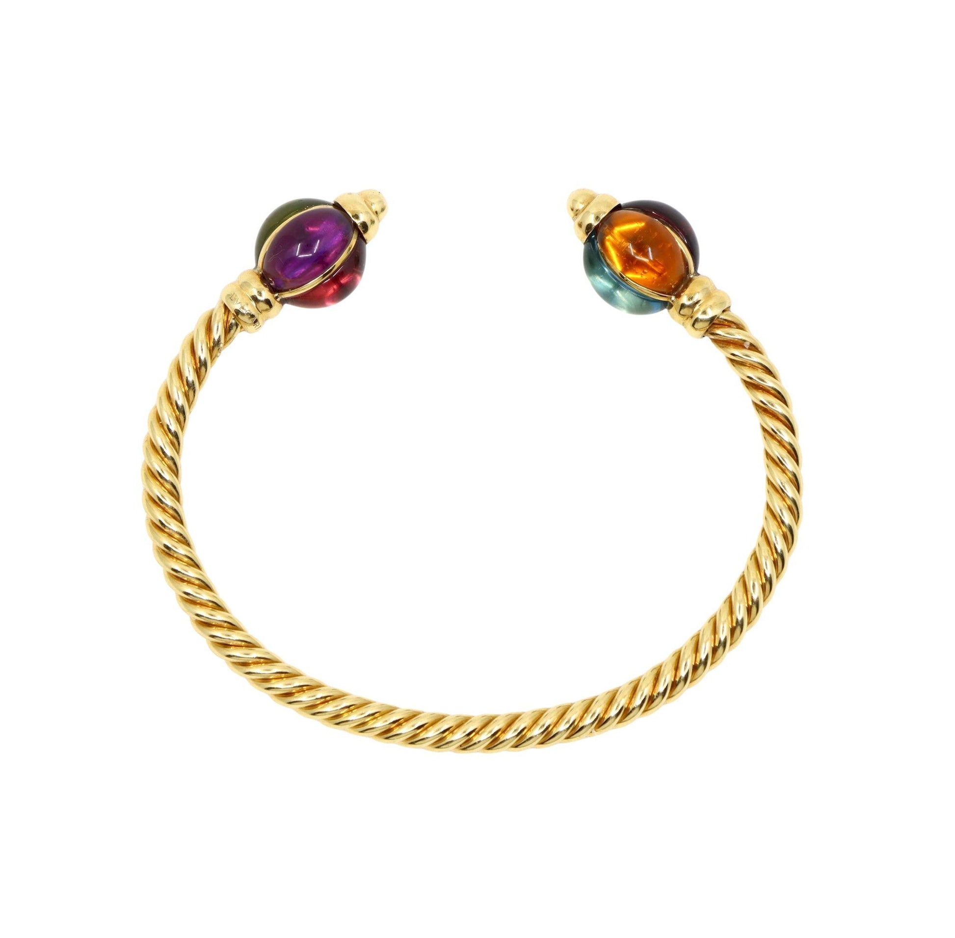 1980's Bulgari 18K Gold Multi-Gemstone Twisted Rope Cuff Bracelet