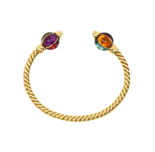 1980's Bulgari 18K Gold Multi-Gemstone Twisted Rope Cuff Bracelet