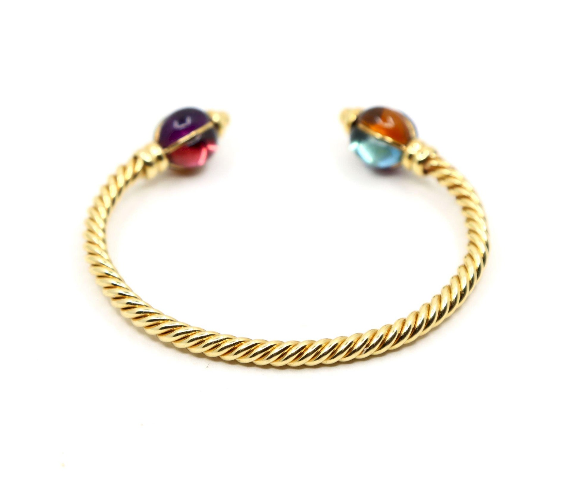 1980's Bulgari 18K Gold Multi-Gemstone Twisted Rope Cuff Bracelet