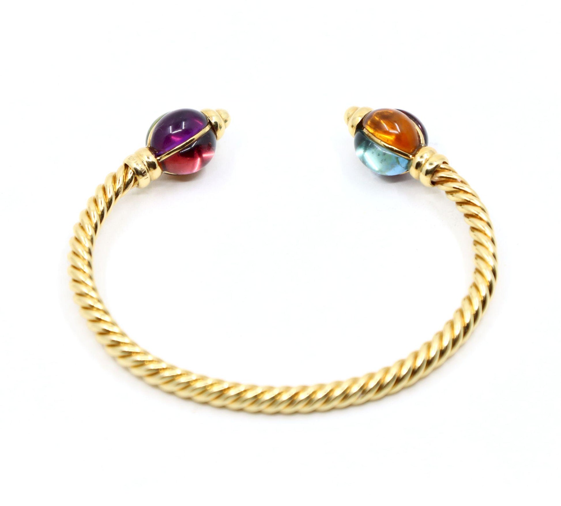 1980's Bulgari 18K Gold Multi-Gemstone Twisted Rope Cuff Bracelet