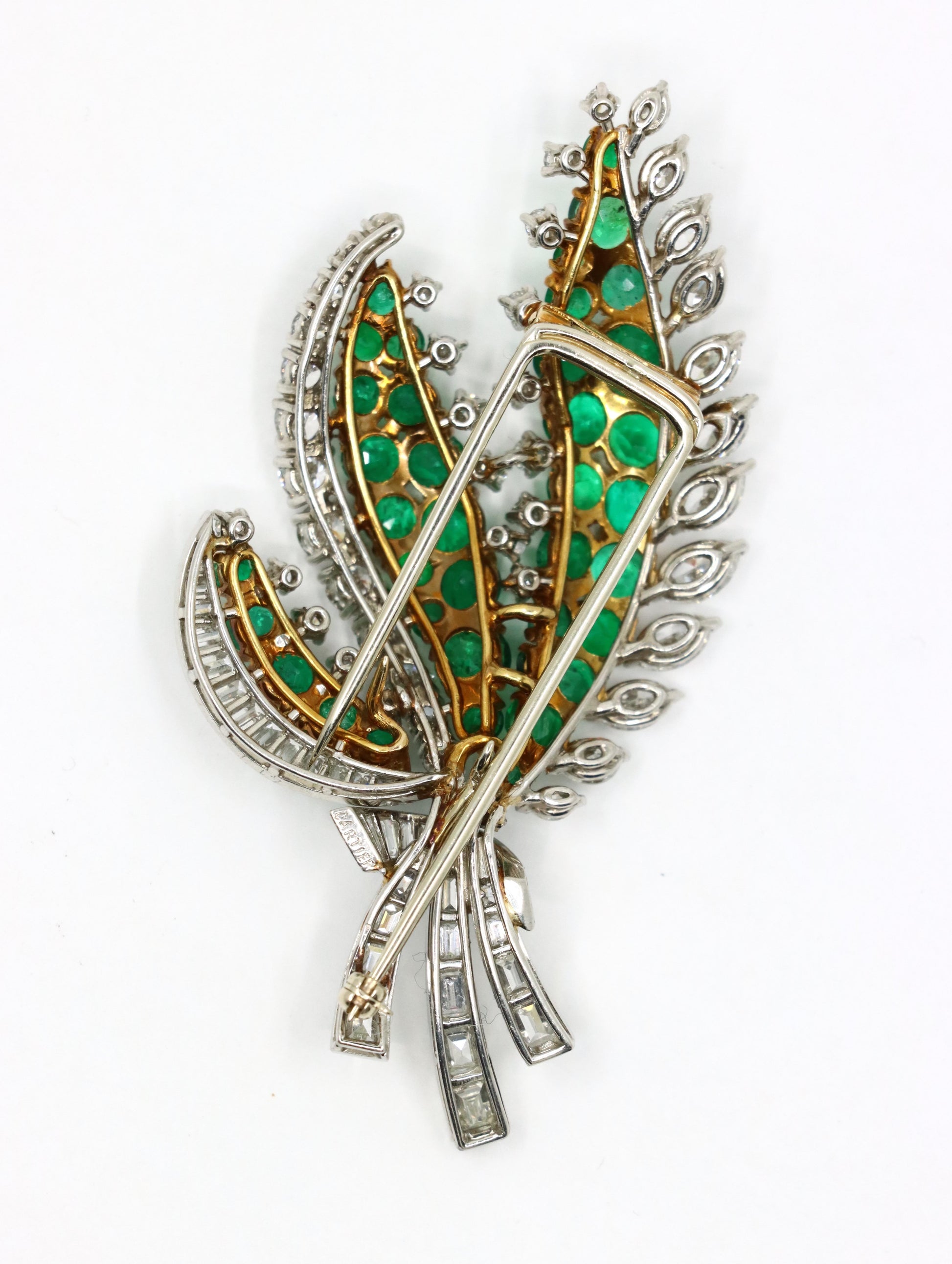 Cartier 18K Gold & Platinum Diamond Emerald Leaf Brooch