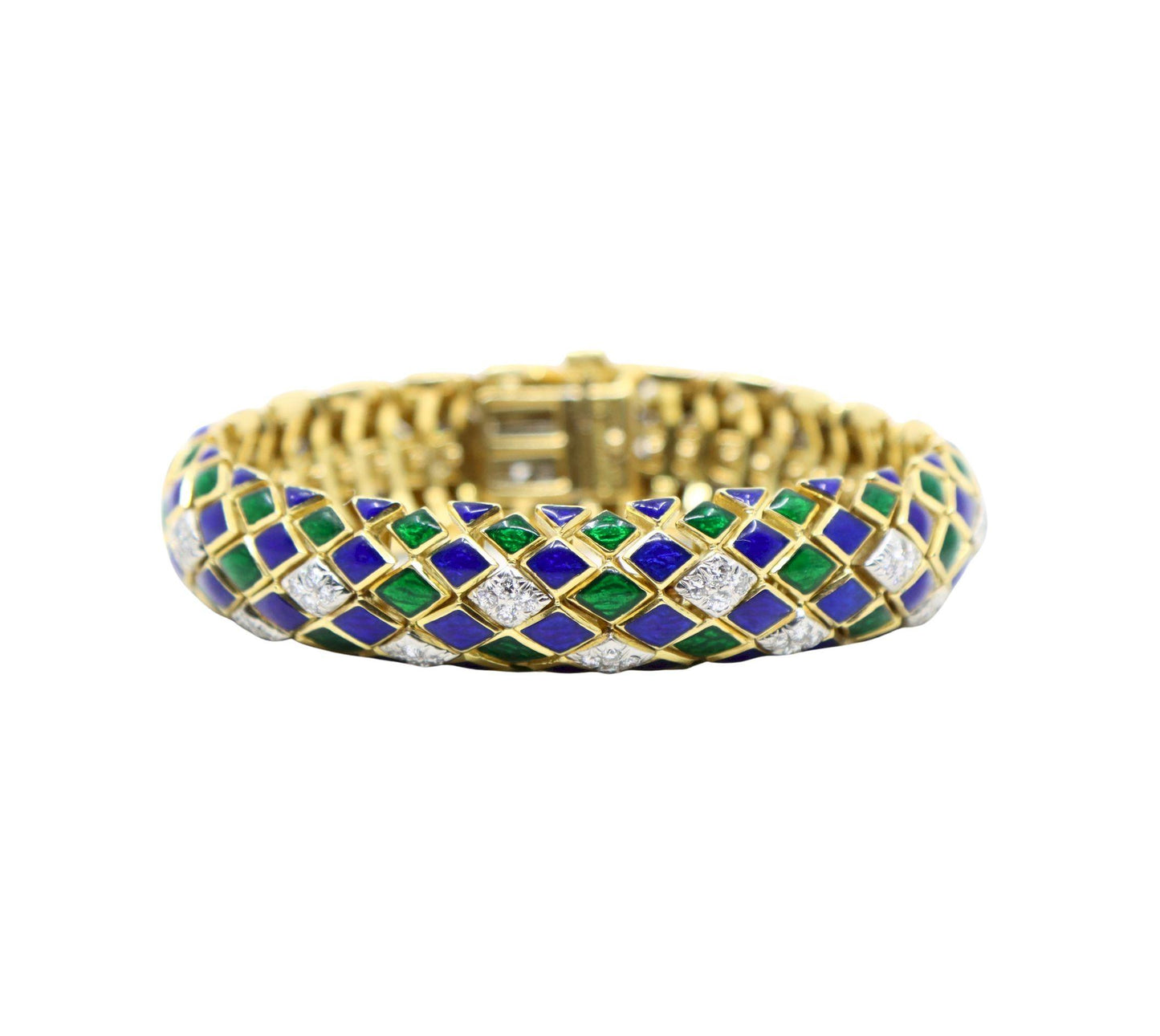 David Webb 18K Gold Diamond Enamel Textured Bracelet
