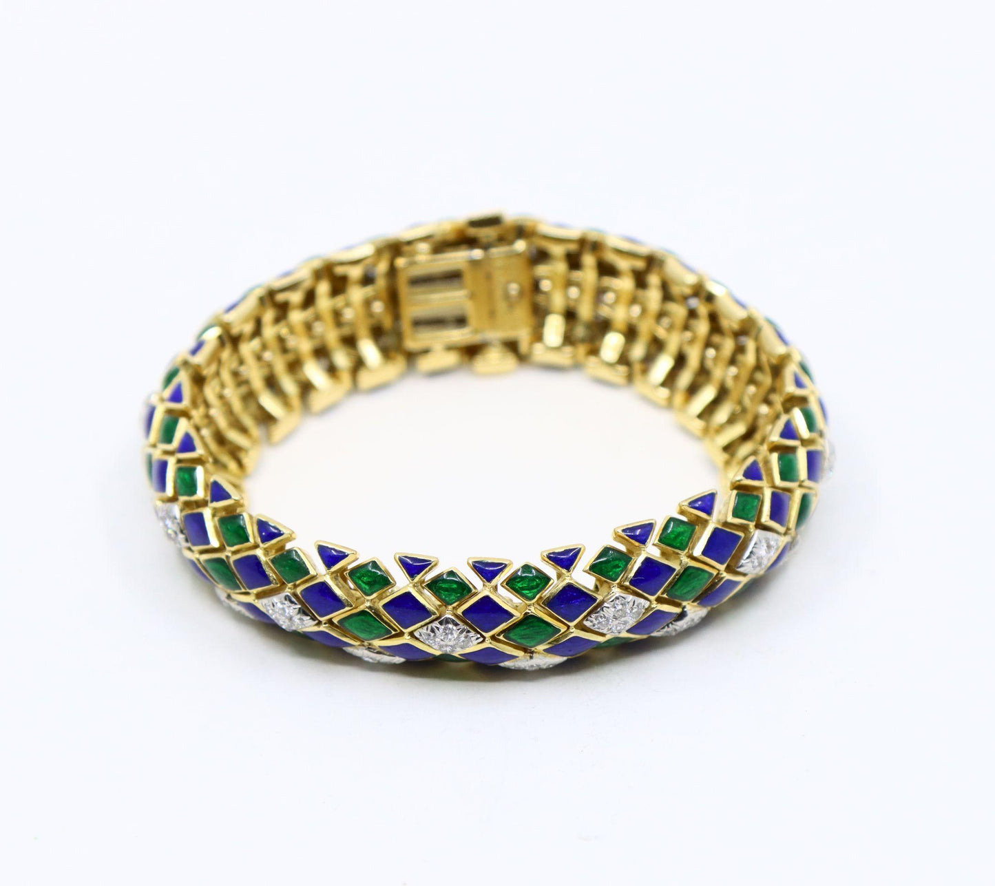 David Webb 18K Gold Diamond Enamel Textured Bracelet