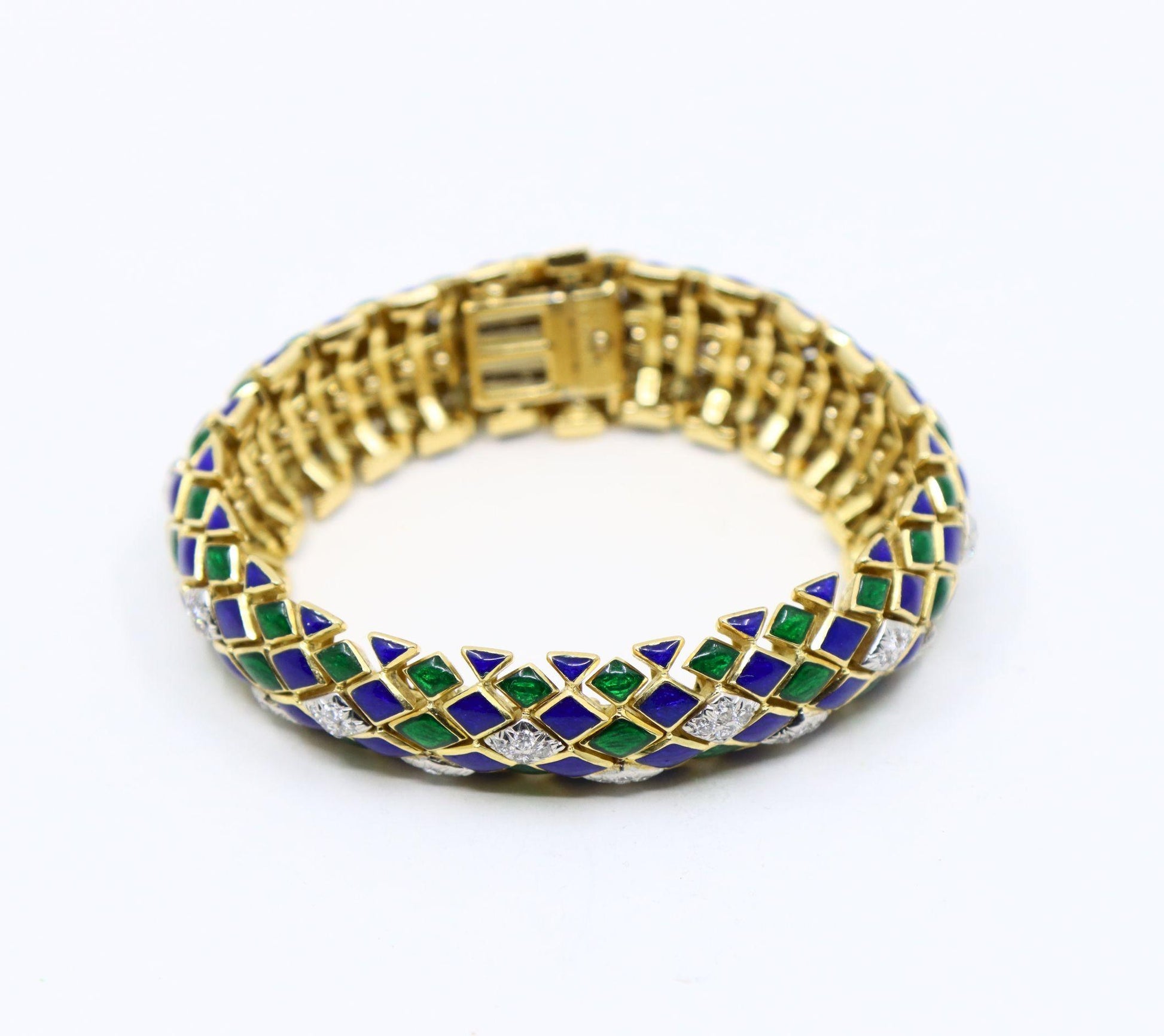 David Webb 18K Gold Diamond Enamel Textured Bracelet