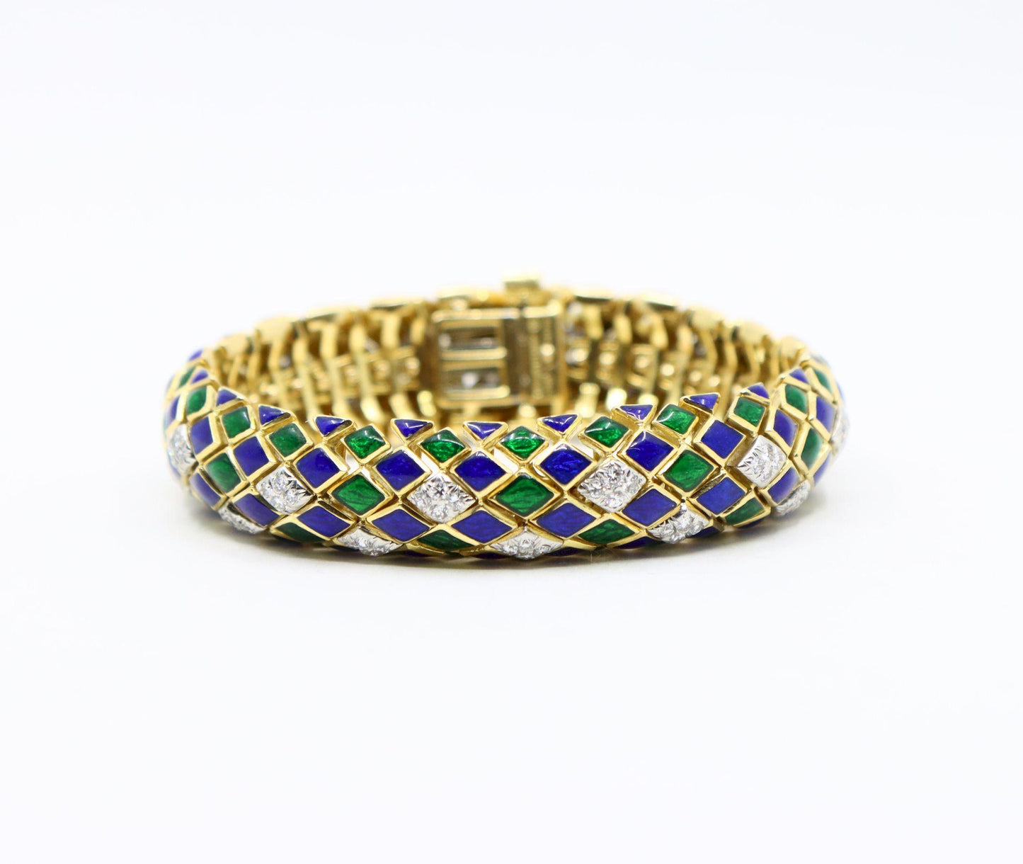 David Webb 18K Gold Diamond Enamel Textured Bracelet
