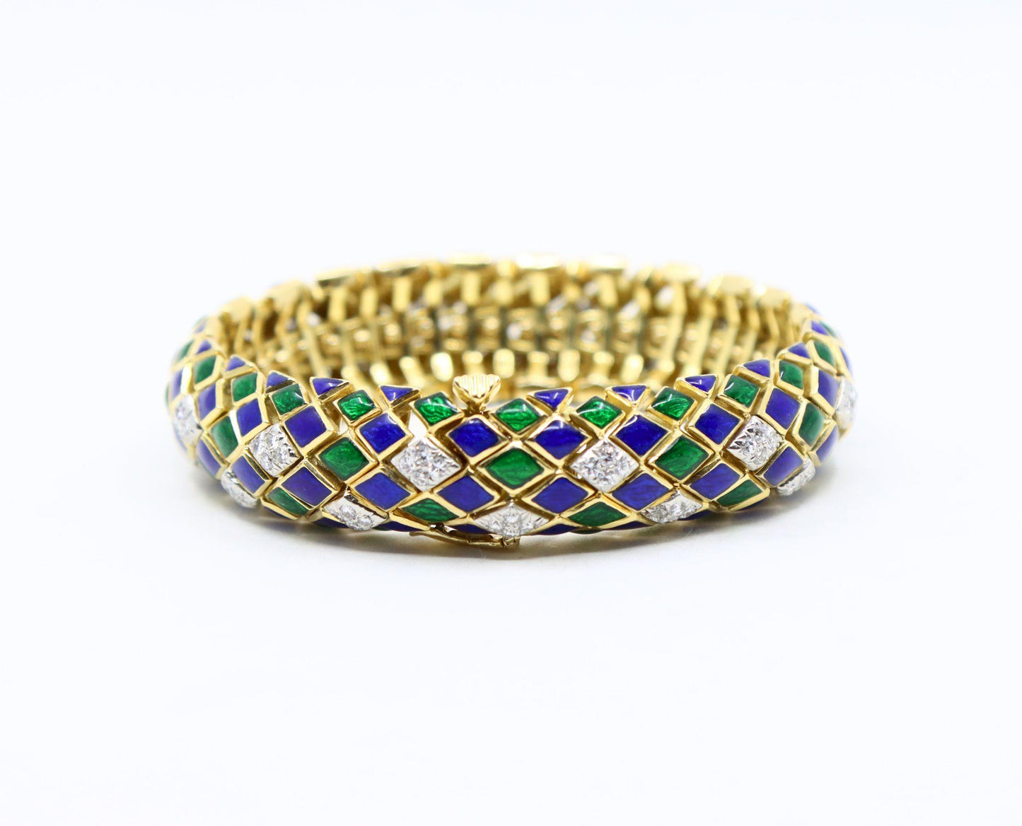 David Webb 18K Gold Diamond Enamel Textured Bracelet