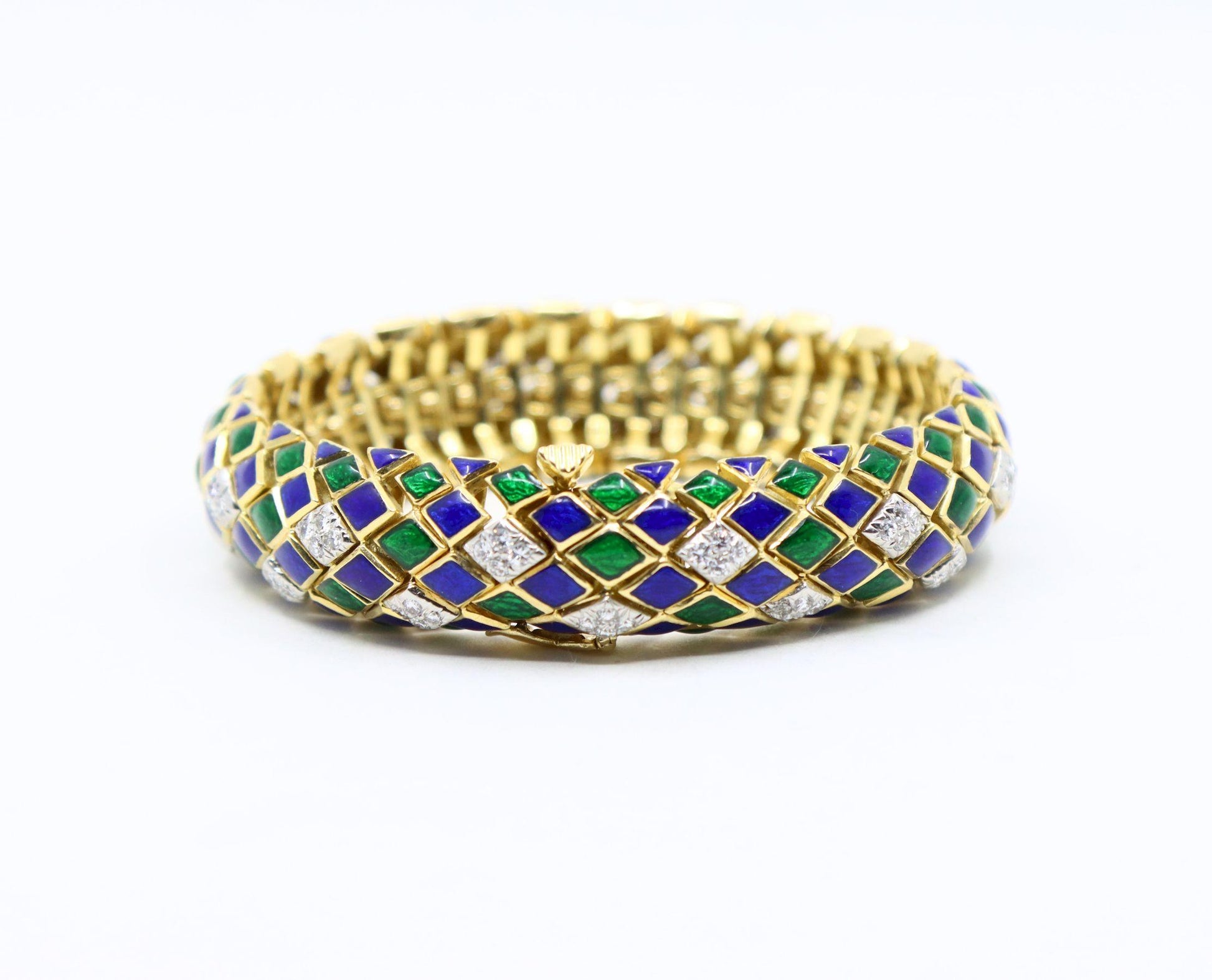 David Webb 18K Gold Diamond Enamel Textured Bracelet