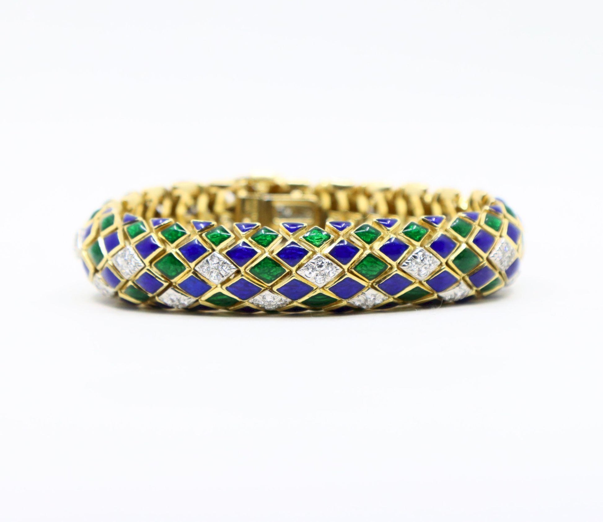 David Webb 18K Gold Diamond Enamel Textured Bracelet