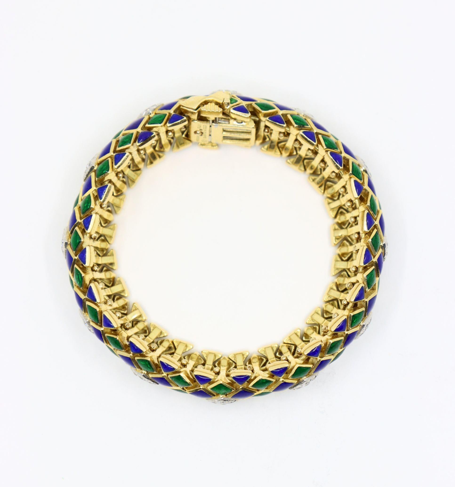 David Webb 18K Gold Diamond Enamel Textured Bracelet