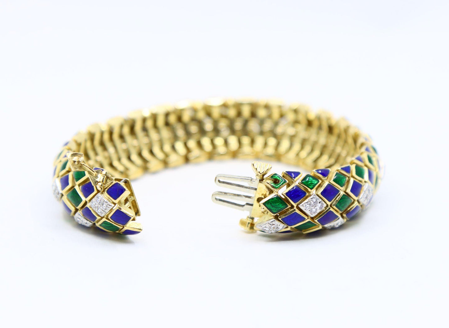 David Webb 18K Gold Diamond Enamel Textured Bracelet