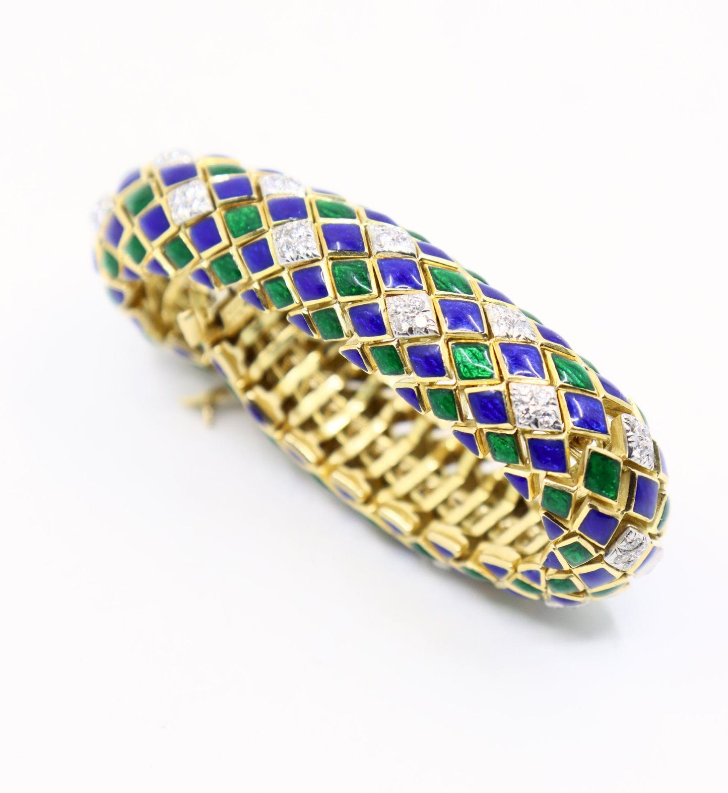David Webb 18K Gold Diamond Enamel Textured Bracelet
