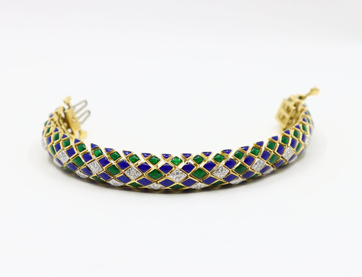 David Webb 18K Gold Diamond Enamel Textured Bracelet