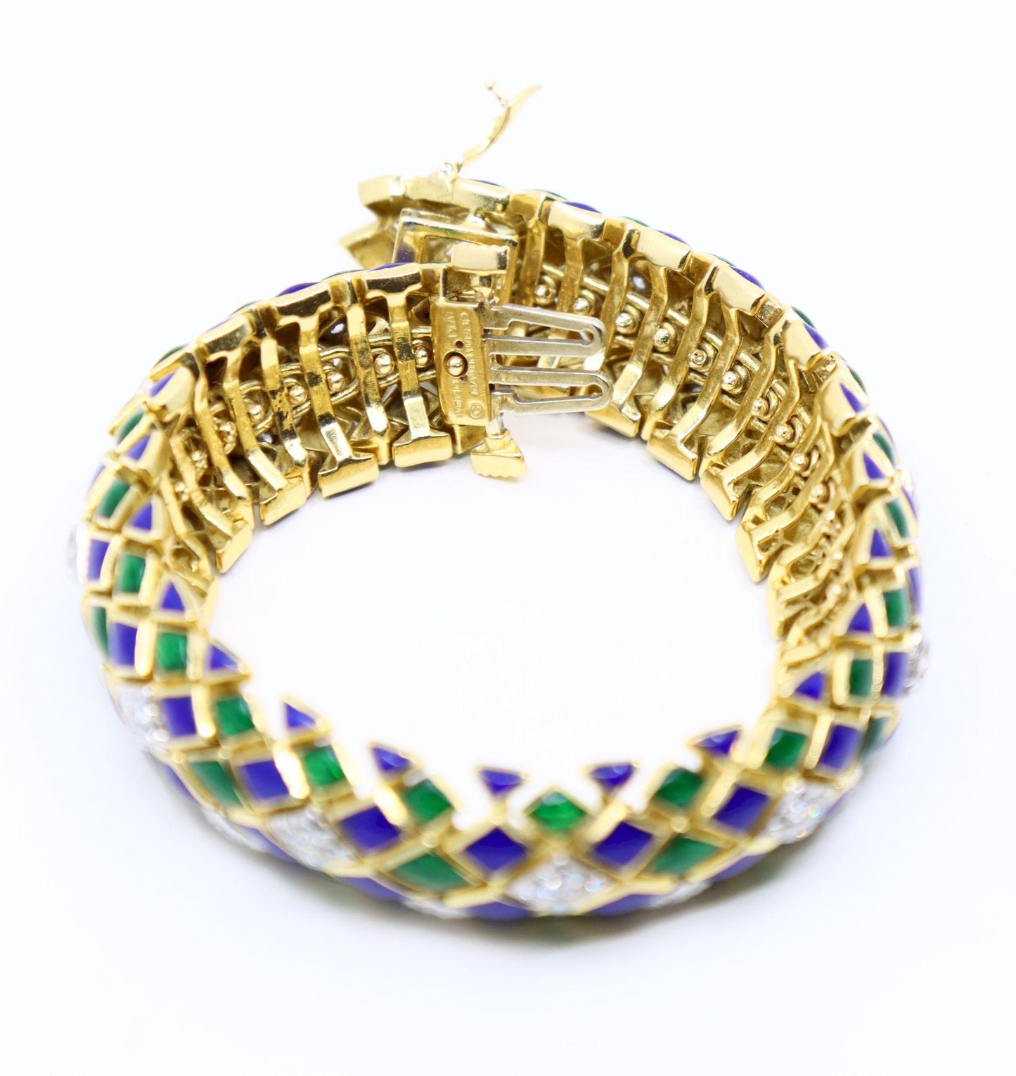 David Webb 18K Gold Diamond Enamel Textured Bracelet