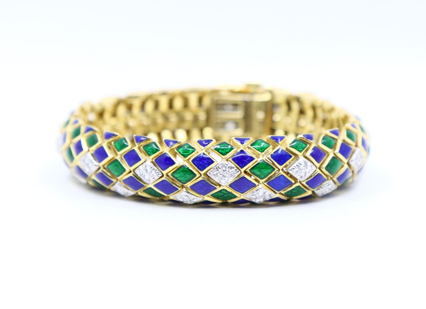 David Webb 18K Gold Diamond Enamel Textured Bracelet