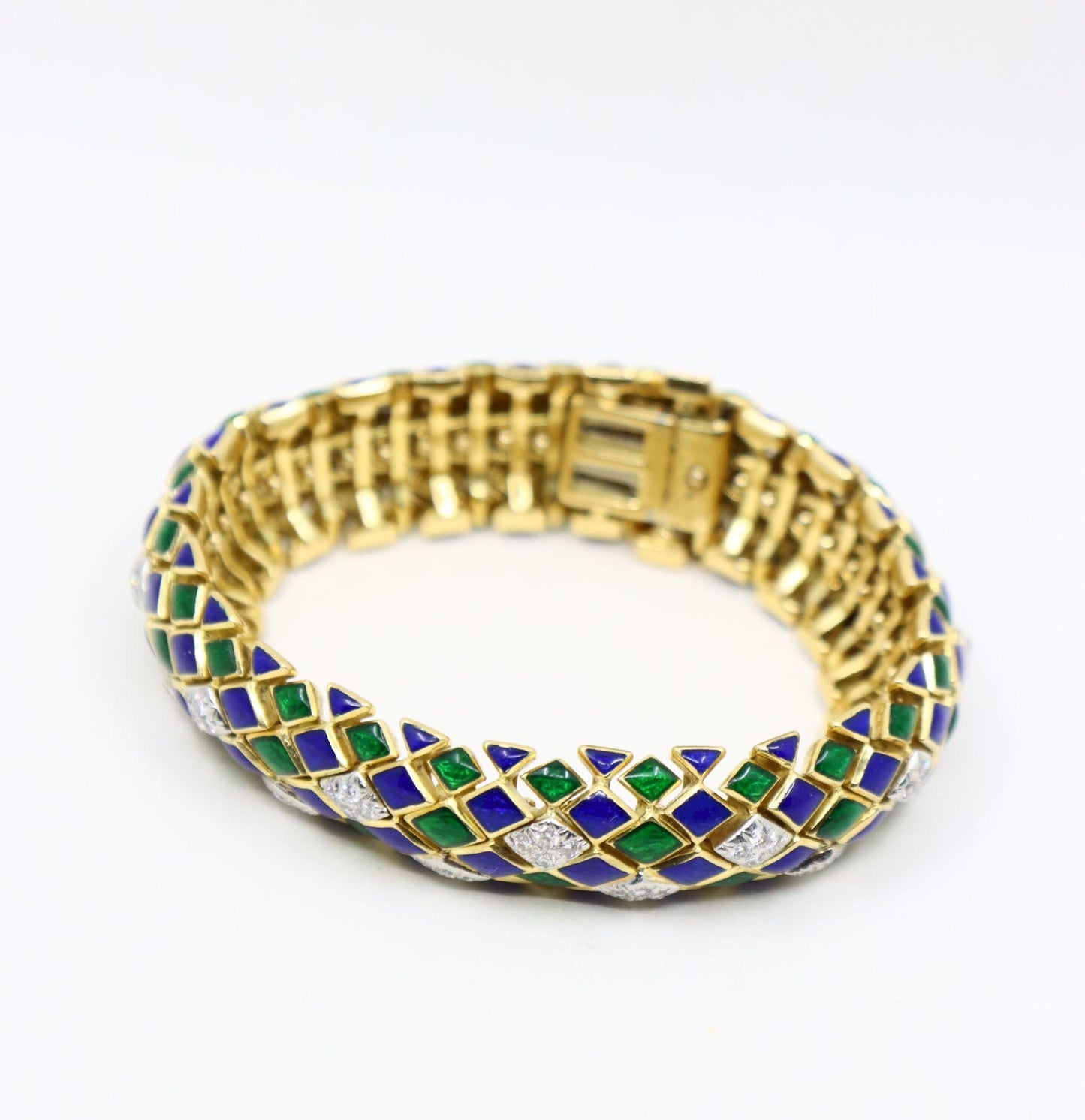 David Webb 18K Gold Diamond Enamel Textured Bracelet