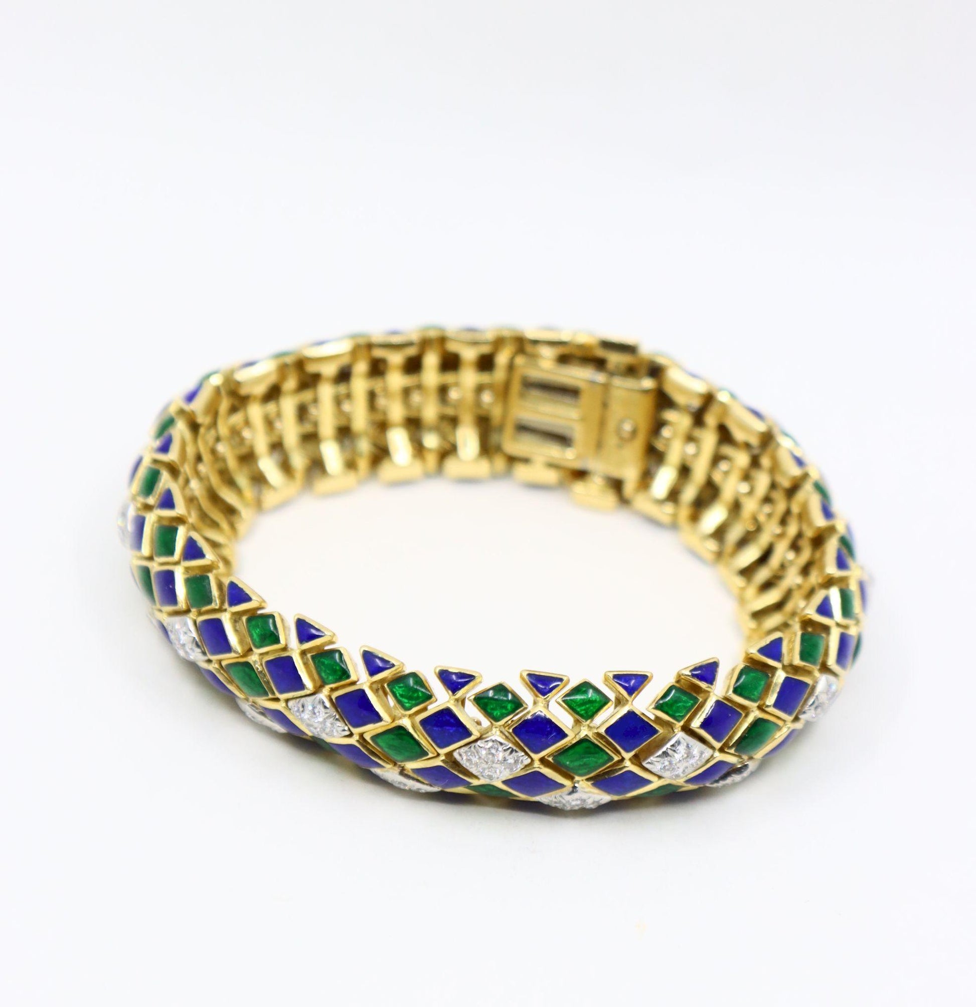 David Webb 18K Gold Diamond Enamel Textured Bracelet