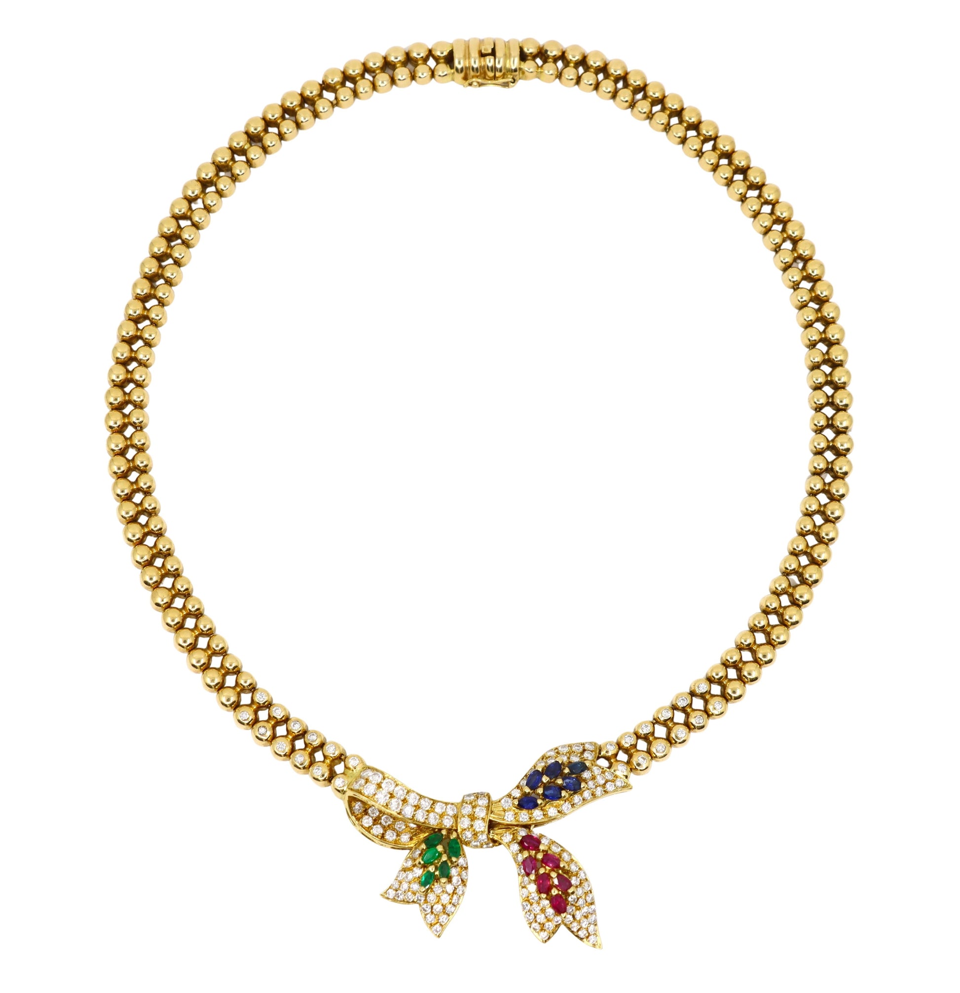Vintage 18K Gold Ruby Emerald Sapphire Diamond Bow Tie Necklace
