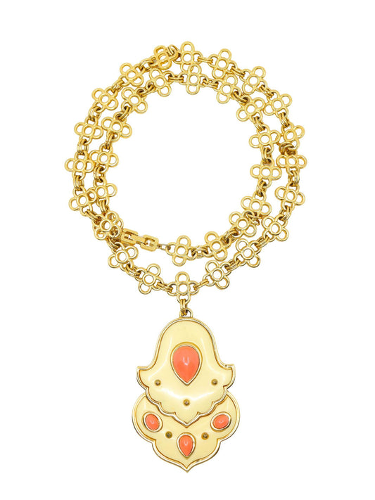 Vintage Givenchy 1977 Pink Faux Coral Cream Backing Long Chain Necklace