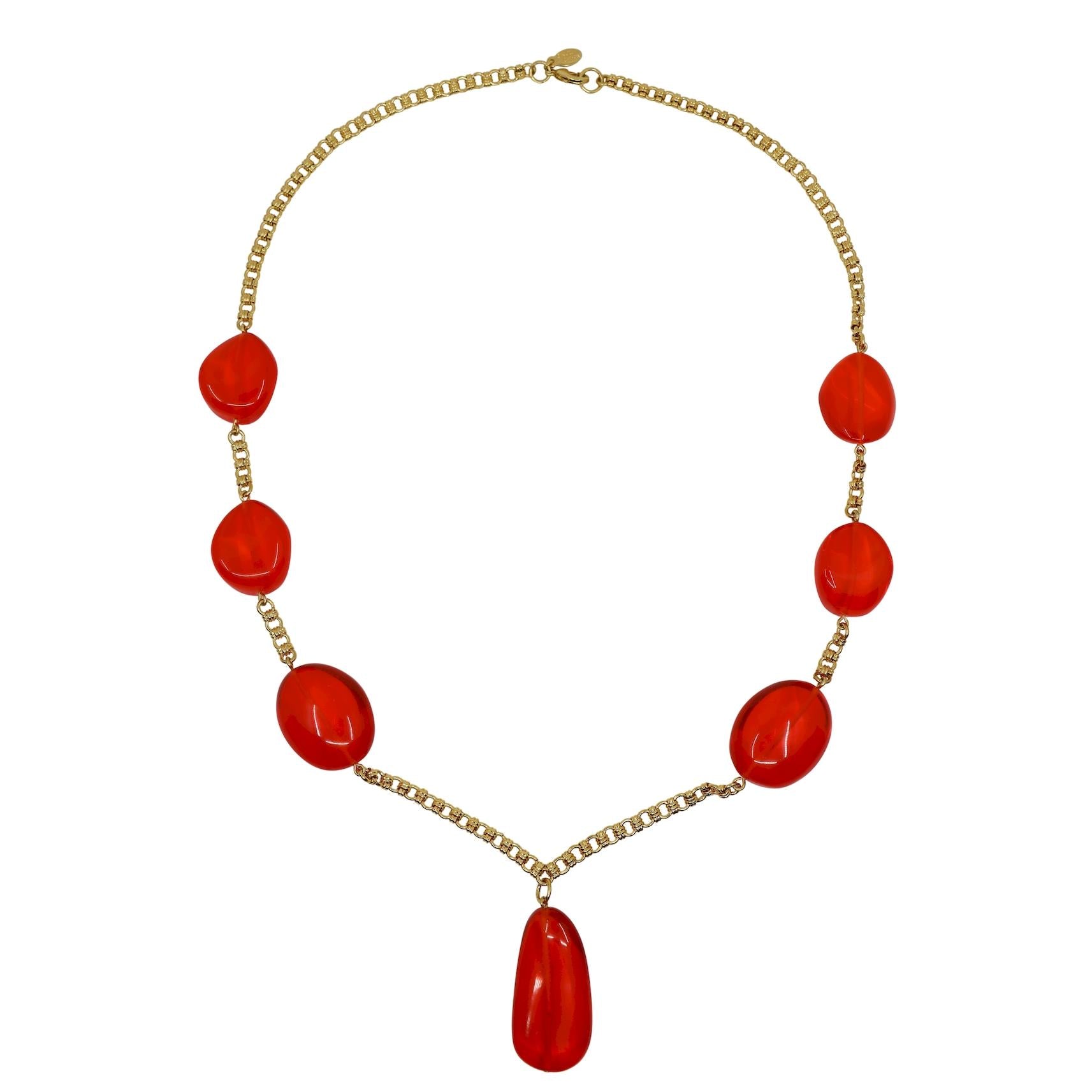 Vintage KJL Gold Tone Red Resin Chain Necklace