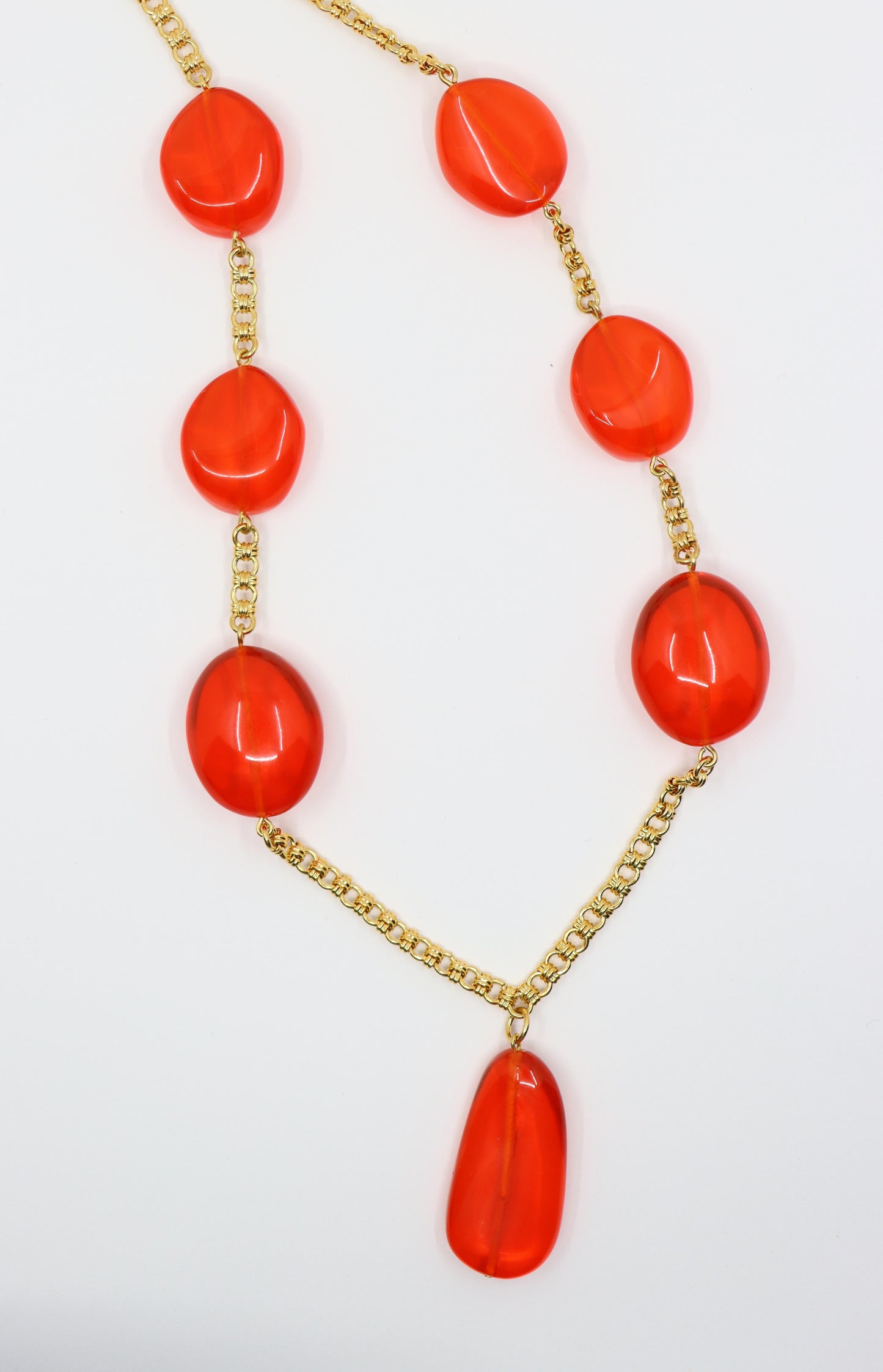 Vintage KJL Gold Tone Red Resin Chain Necklace