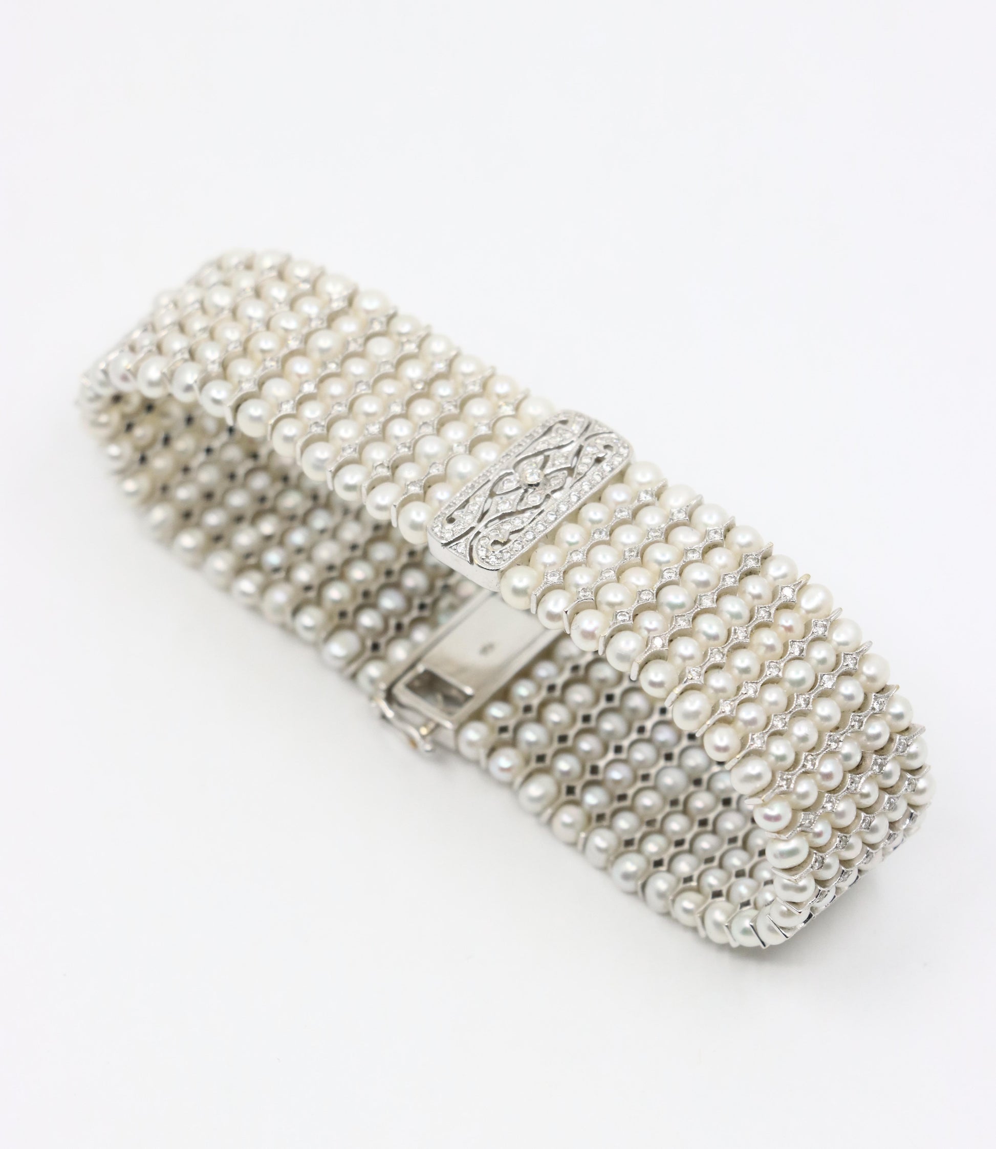 Vintage 18K White Gold Diamond Pearl Bracelet