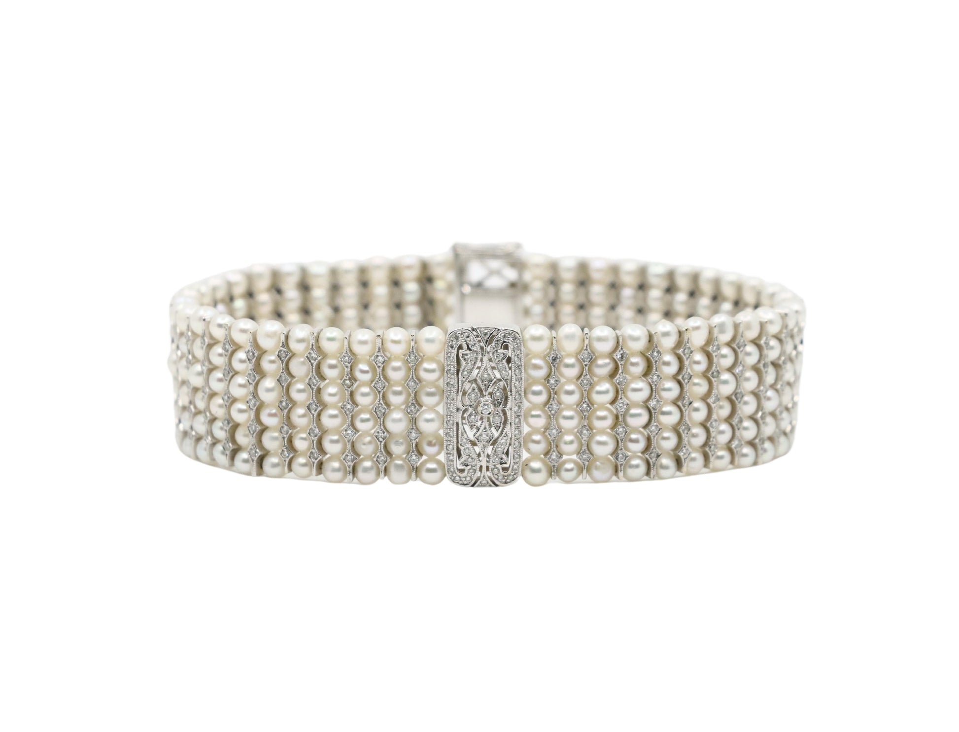 Vintage 18K White Gold Diamond Pearl Bracelet