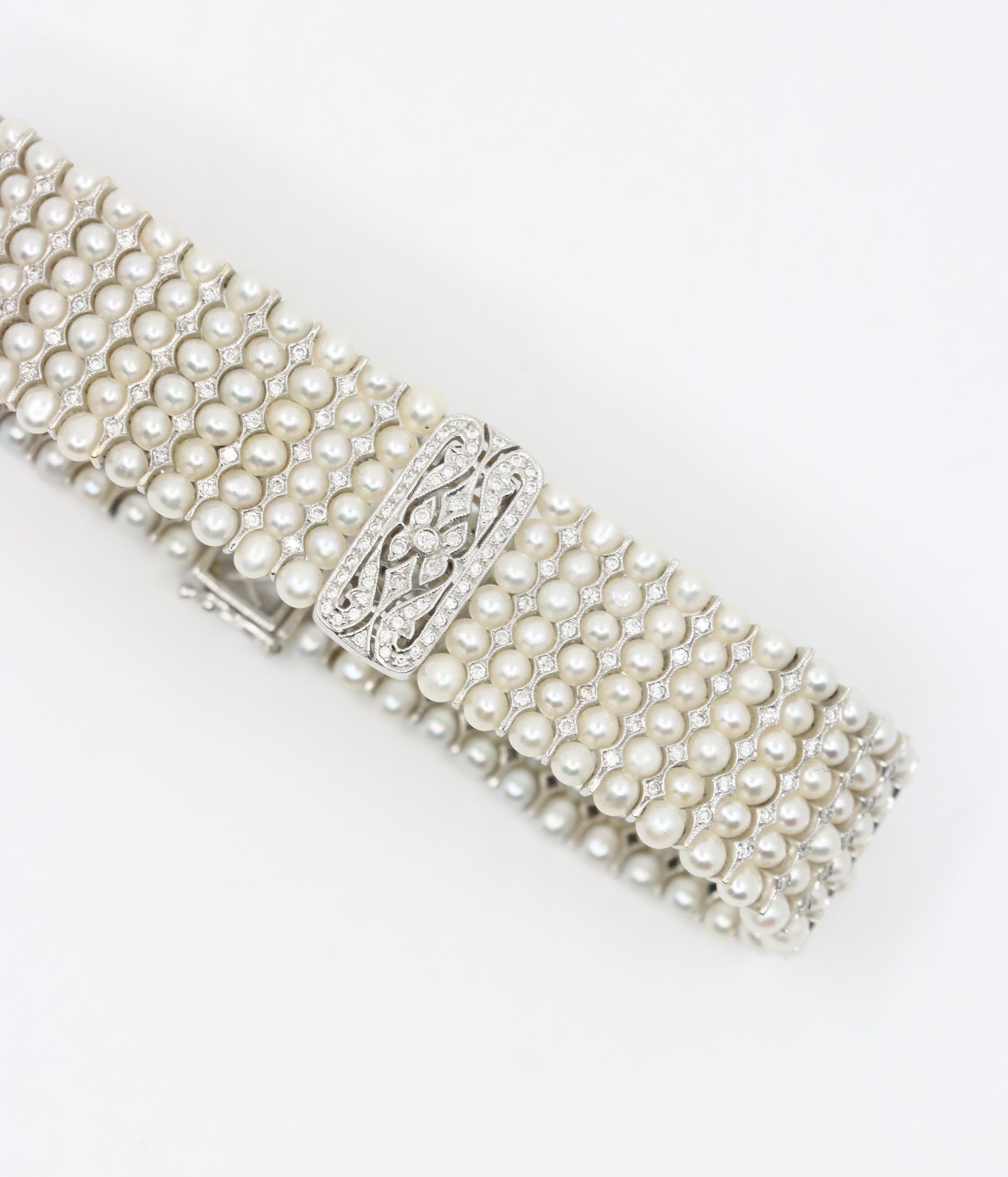 Vintage 18K White Gold Diamond Pearl Bracelet