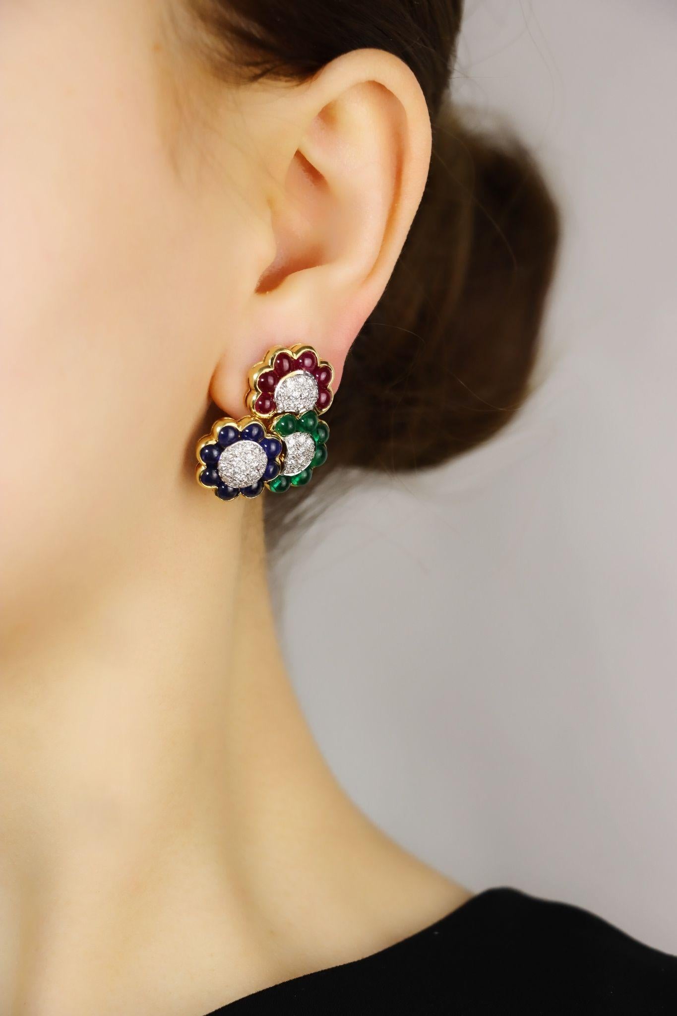 Vintage 18K Gold Diamond Ruby Sapphire Emerald Earrings