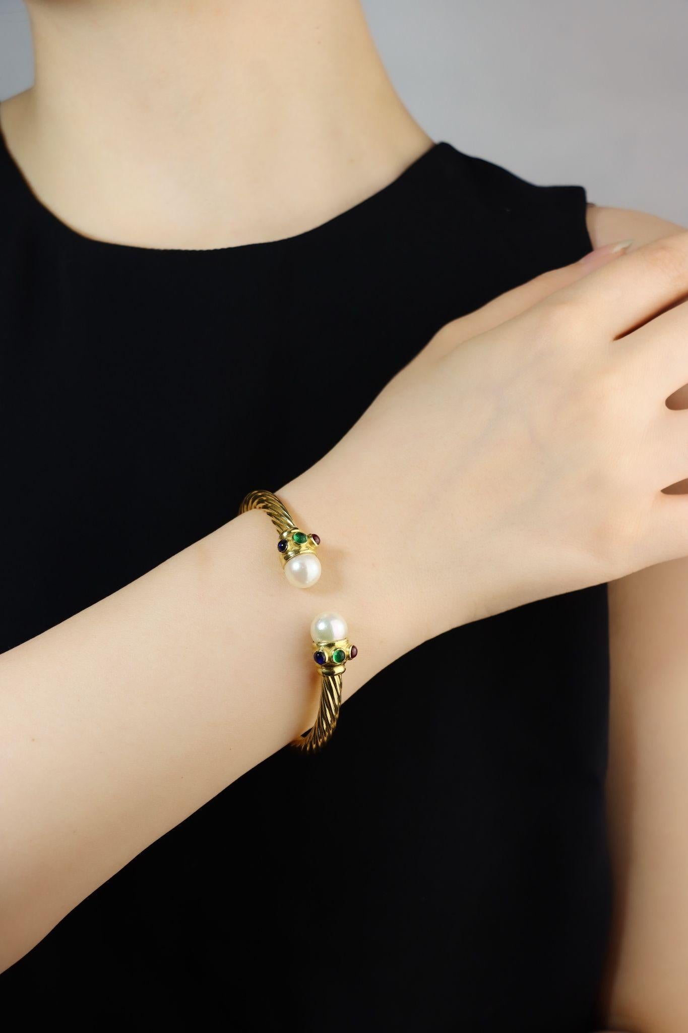 Vintage 18K Gold Pearl Ruby Sapphire Emerald Cuff Bracelet