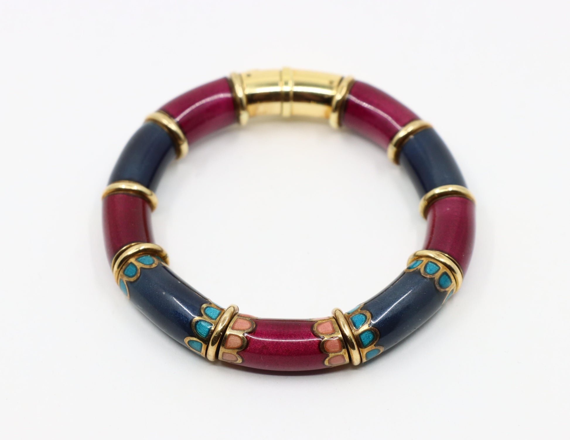 Vintage La Nouvelle Bague 18K Gold Red Navy Enamel Bracelet
