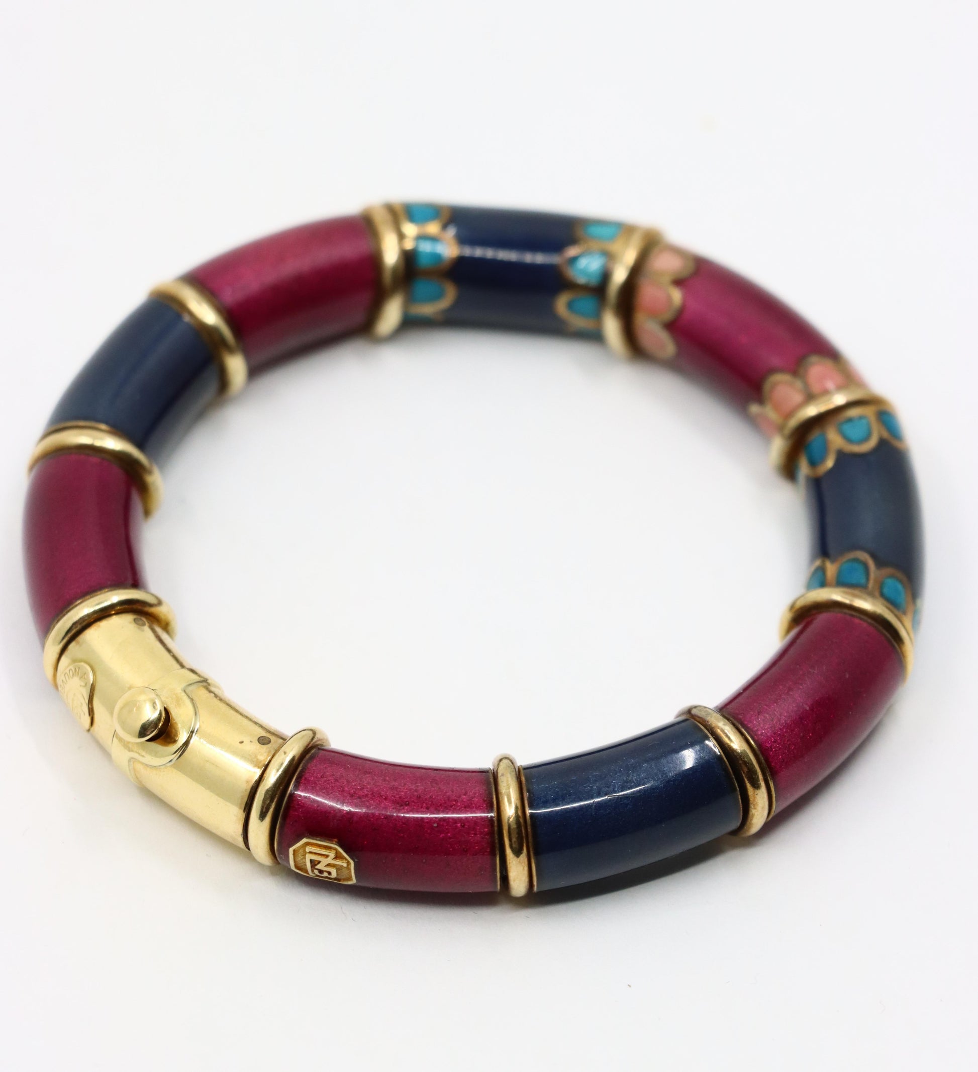 Vintage La Nouvelle Bague 18K Gold Red Navy Enamel Bracelet