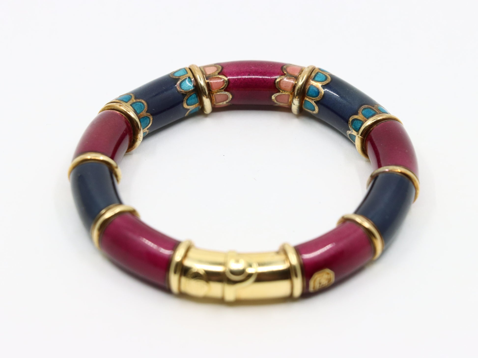 Vintage La Nouvelle Bague 18K Gold Red Navy Enamel Bracelet