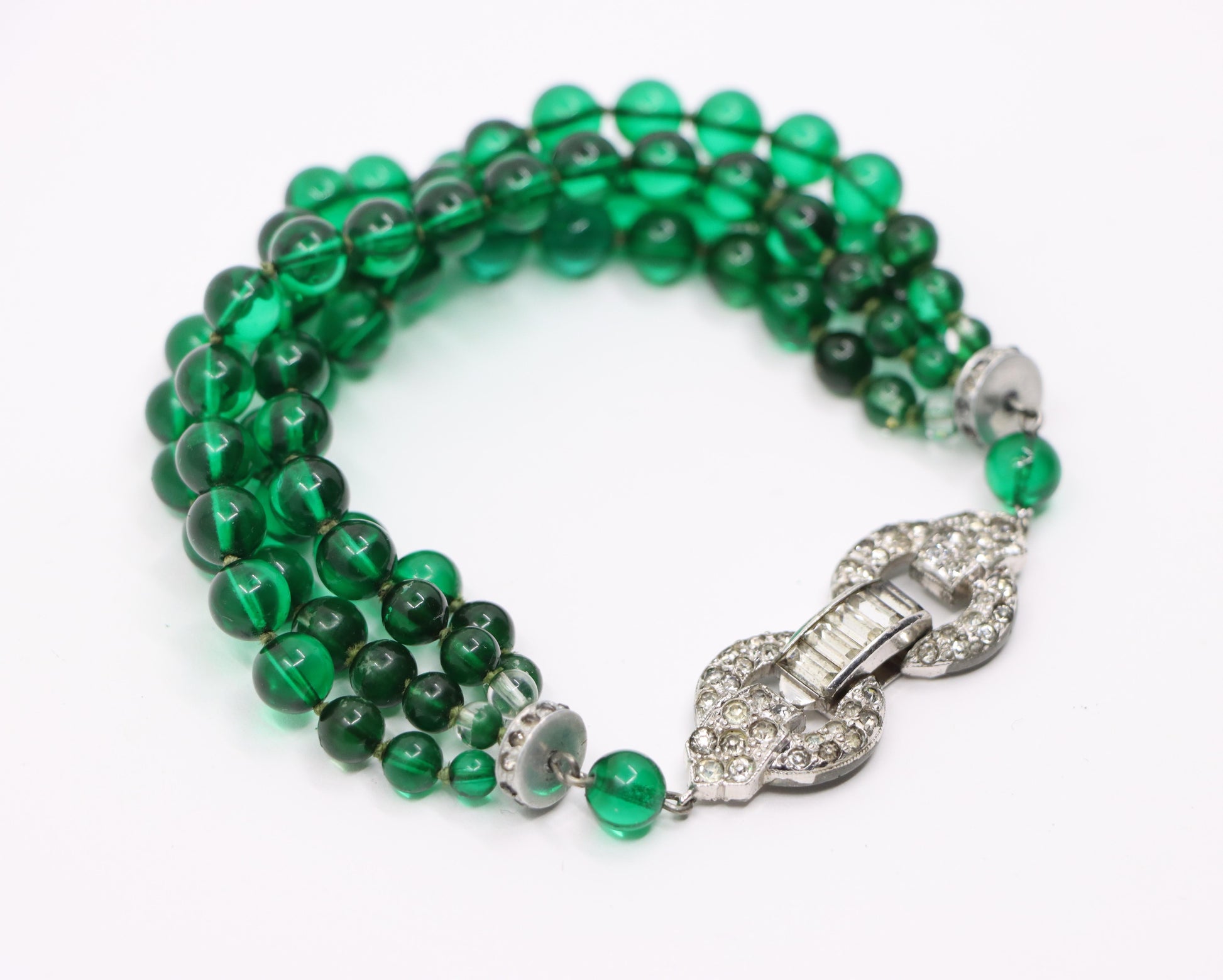 Art Deco Silver Tone Rhinestone Muti-Stand Green Beads Bracelet