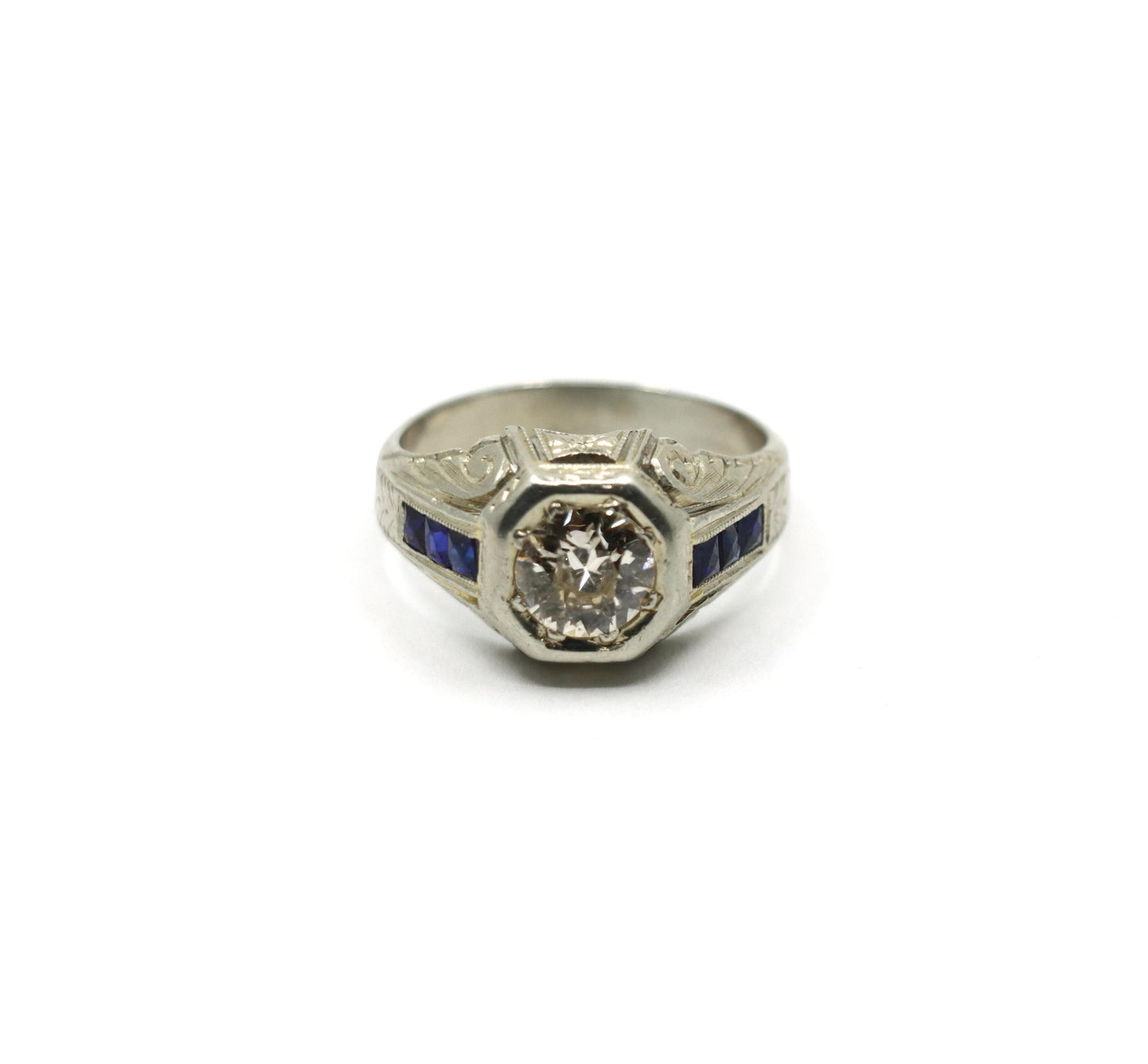 Art Deco Style 18K White Gold Sapphire 1.1 CT Diamond Ring