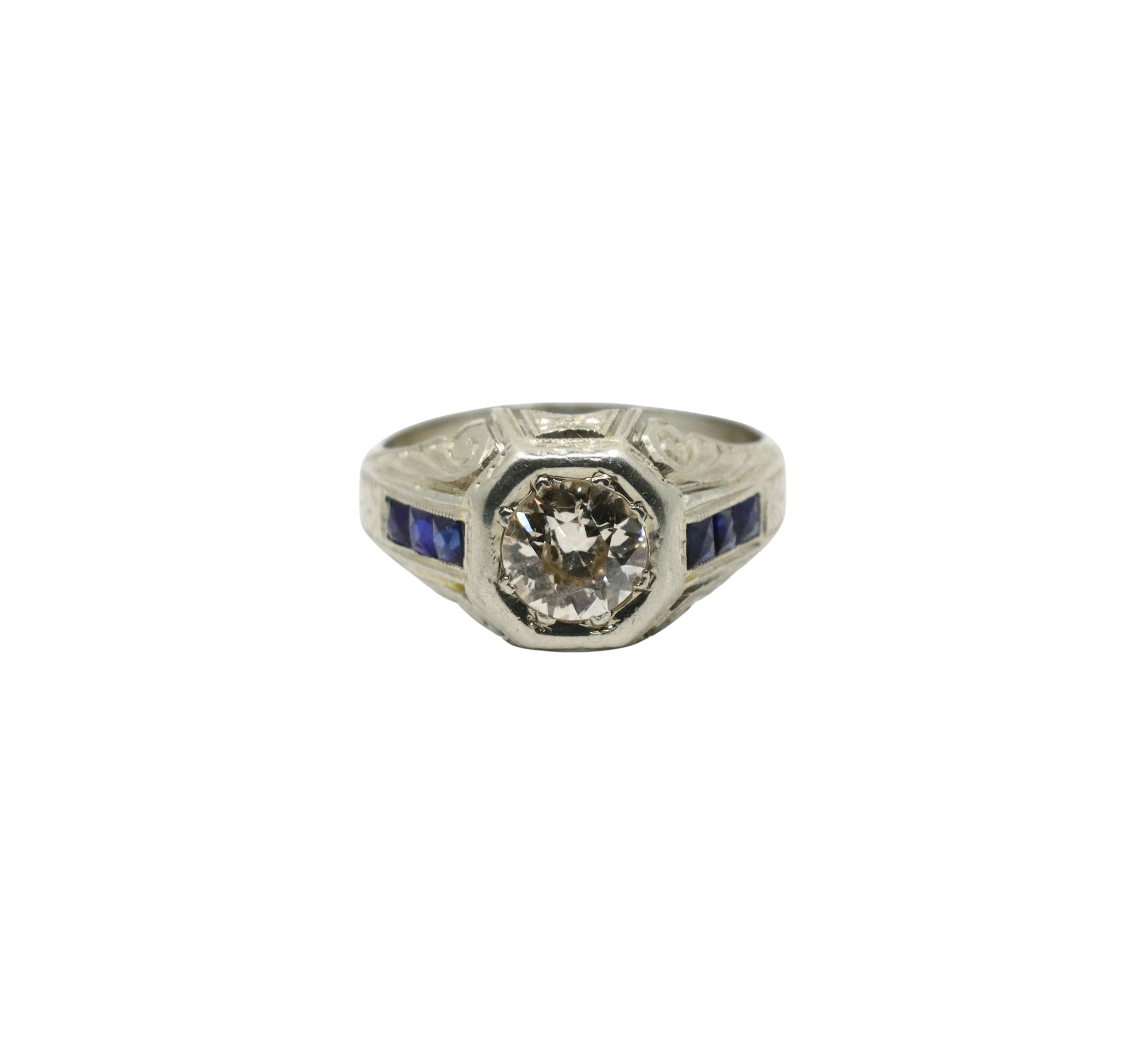 Art Deco Style 18K White Gold Sapphire 1.1 CT Diamond Ring