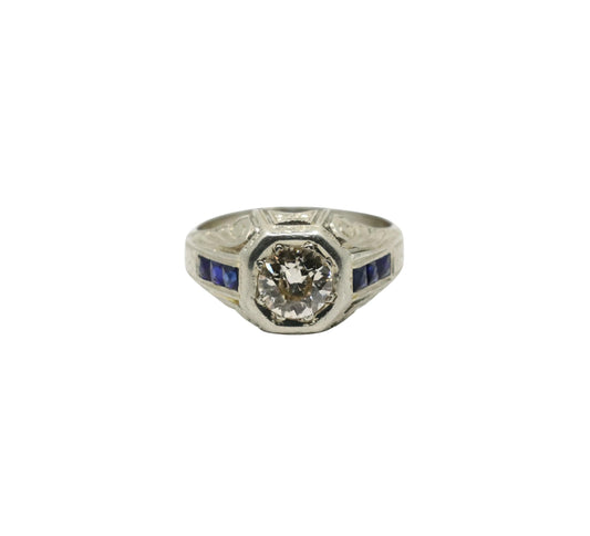Art Deco Style 18K White Gold Sapphire 1.1 CT Diamond Ring