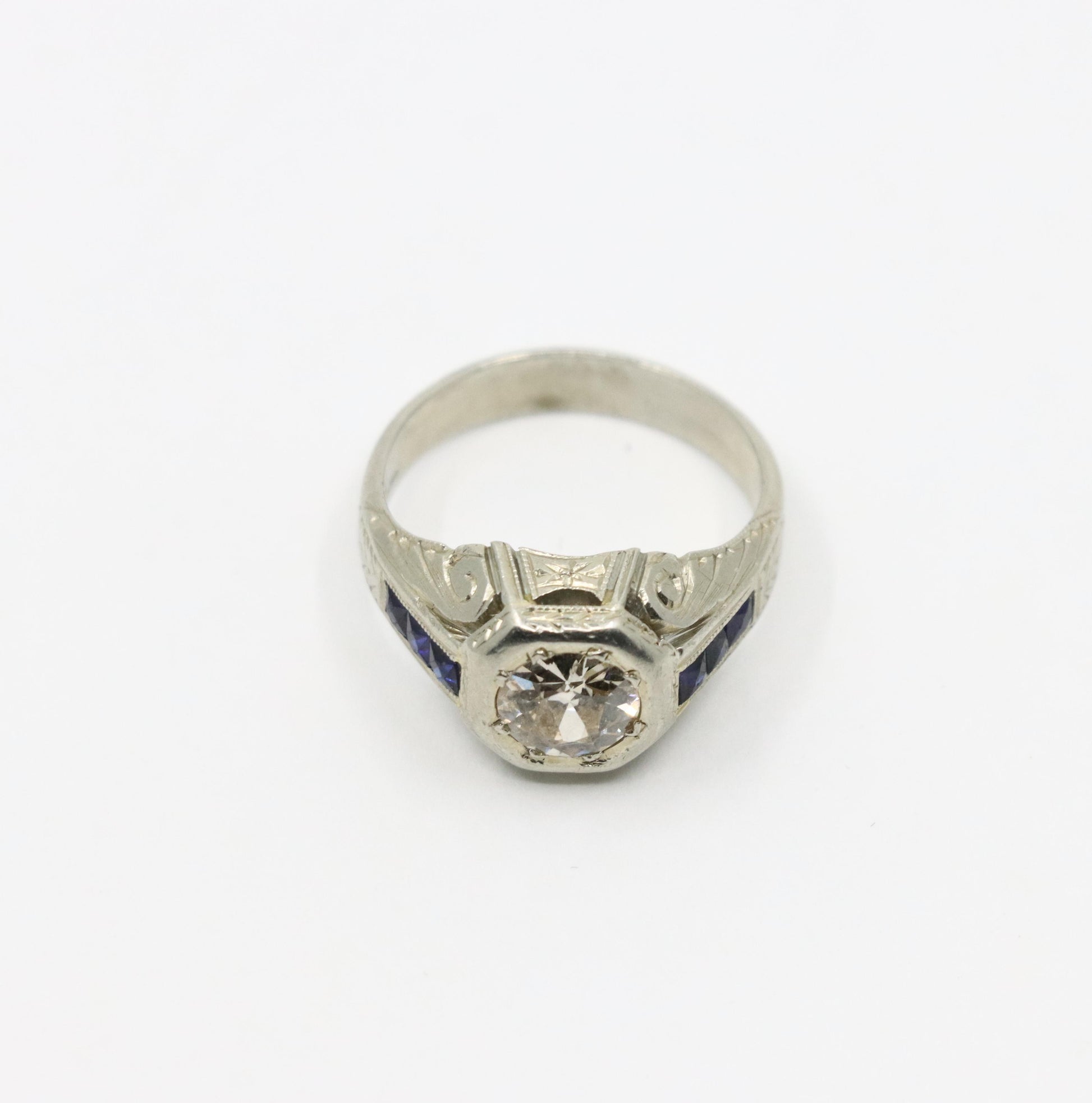 Art Deco Style 18K White Gold Sapphire 1.1 CT Diamond Ring