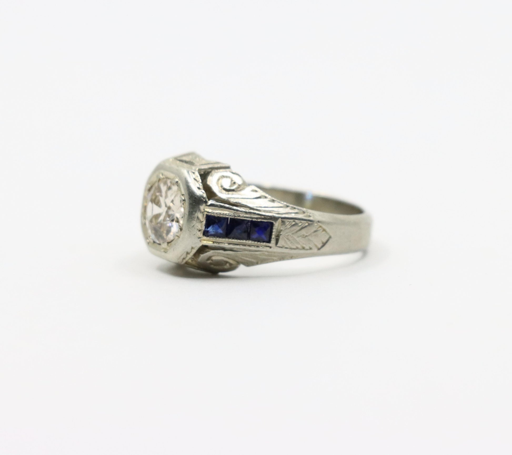 Art Deco Style 18K White Gold Sapphire 1.1 CT Diamond Ring
