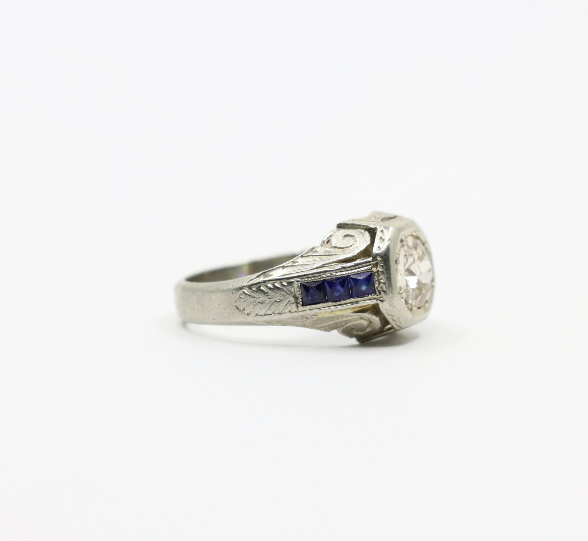 Art Deco Style 18K White Gold Sapphire 1.1 CT Diamond Ring