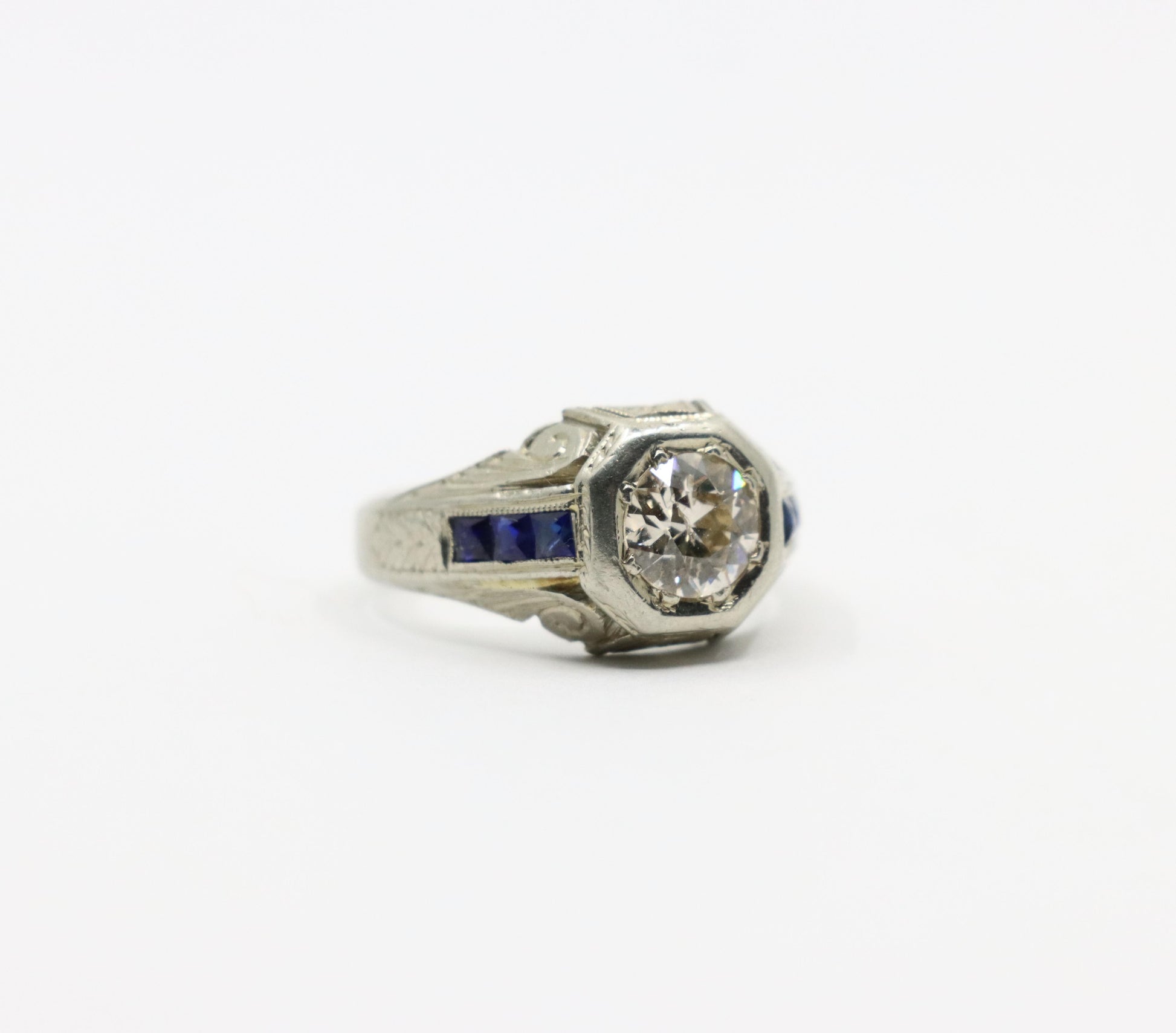 Art Deco Style 18K White Gold Sapphire 1.1 CT Diamond Ring