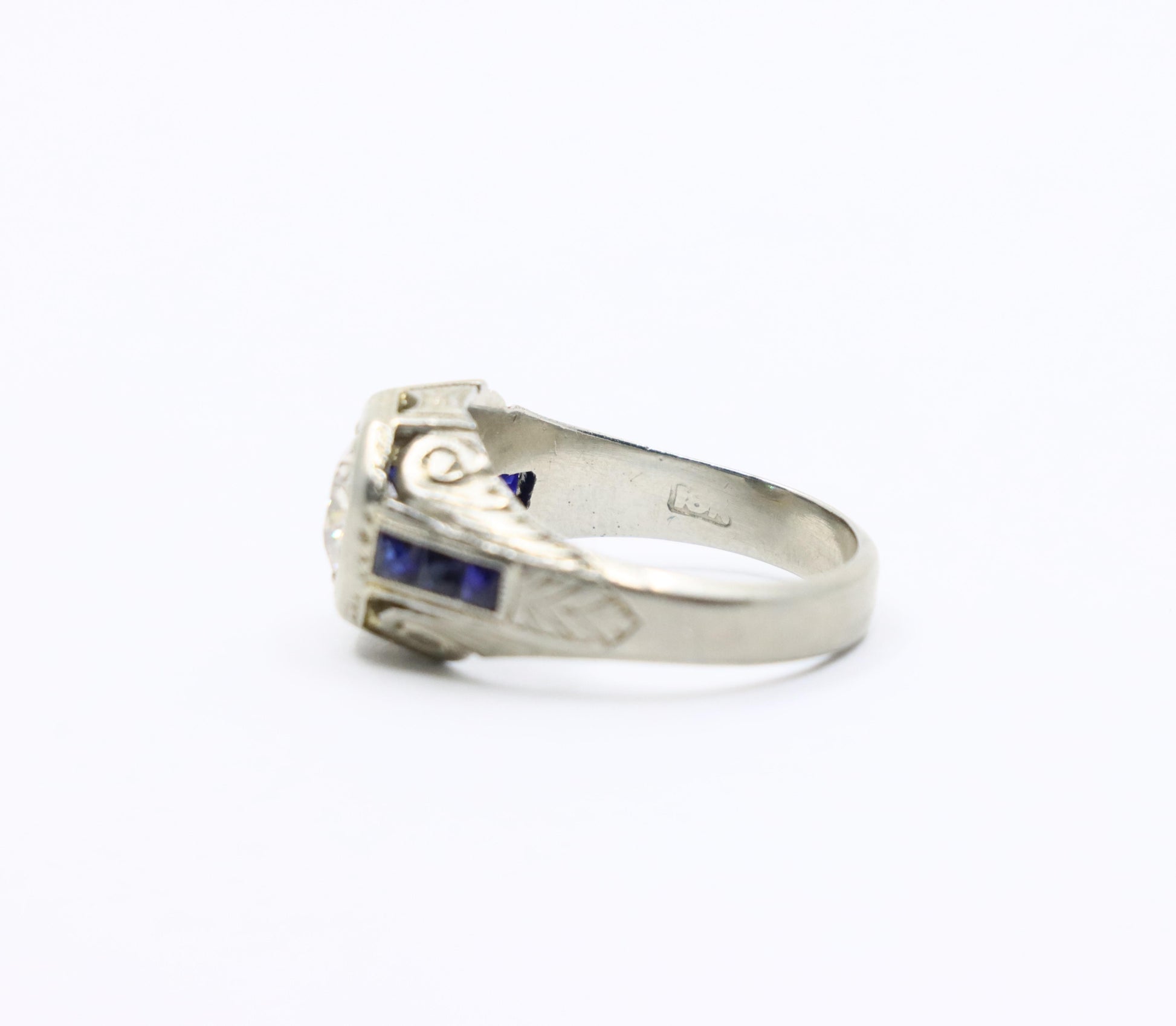 Art Deco Style 18K White Gold Sapphire 1.1 CT Diamond Ring