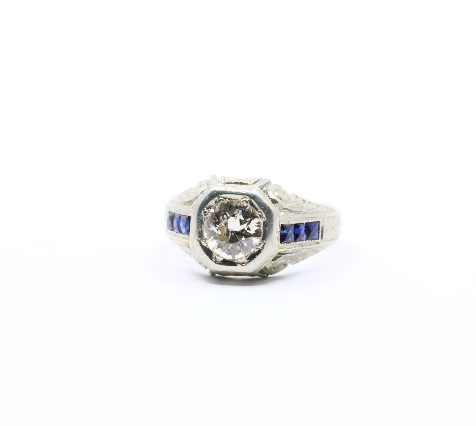 Art Deco Style 18K White Gold Sapphire 1.1 CT Diamond Ring