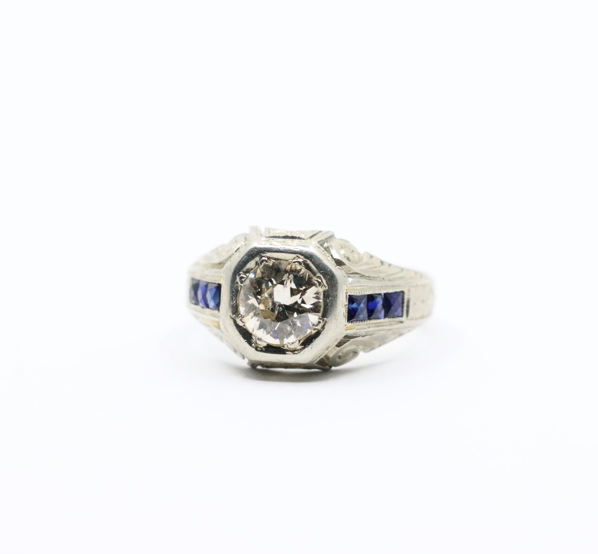 Art Deco Style 18K White Gold Sapphire 1.1 CT Diamond Ring