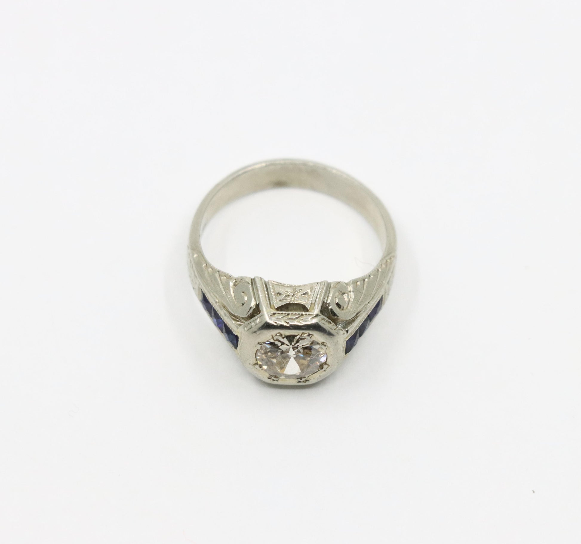 Art Deco Style 18K White Gold Sapphire 1.1 CT Diamond Ring