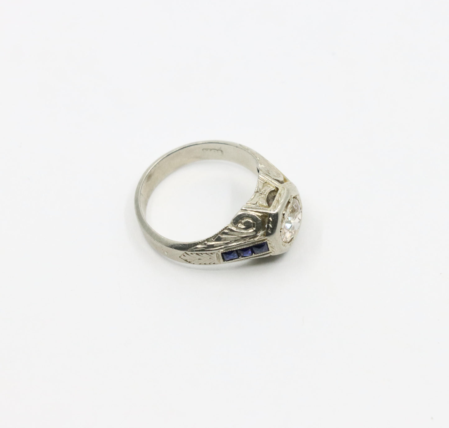 Art Deco Style 18K White Gold Sapphire 1.1 CT Diamond Ring