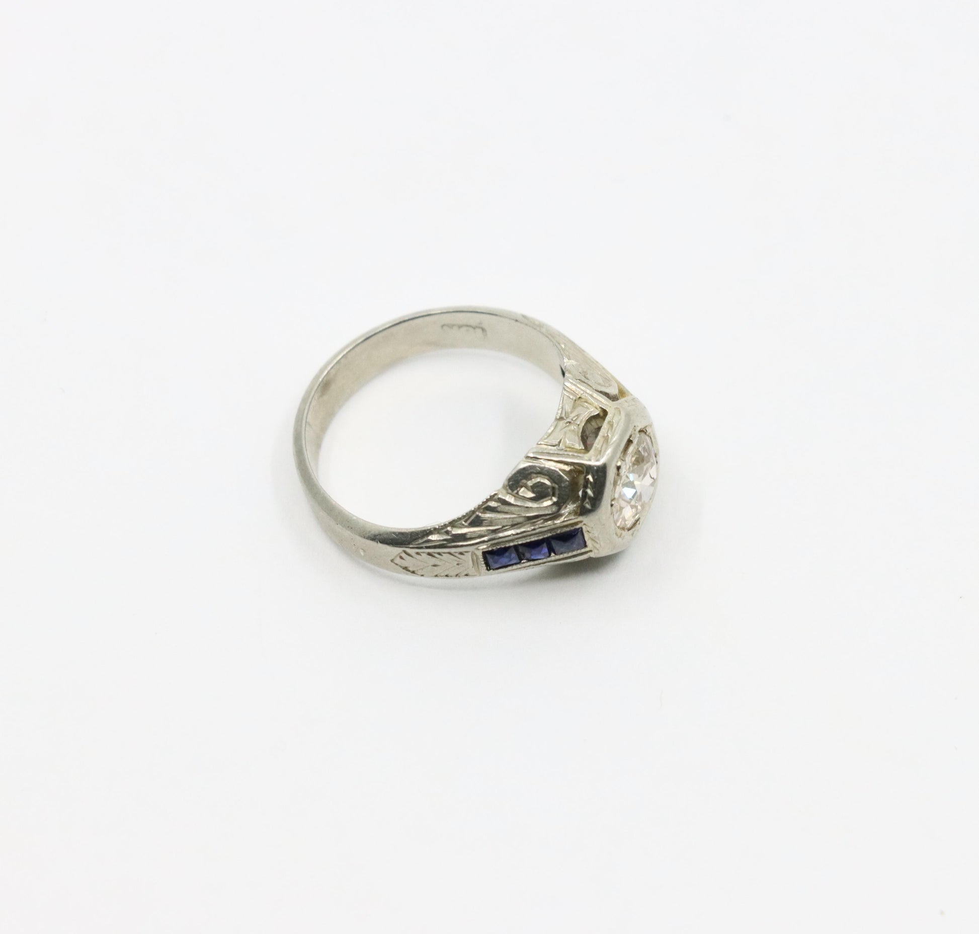 Art Deco Style 18K White Gold Sapphire 1.1 CT Diamond Ring