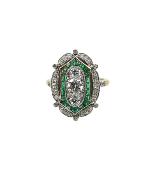 Art Deco 18K Gold & Platinum Diamond Emerald Ring