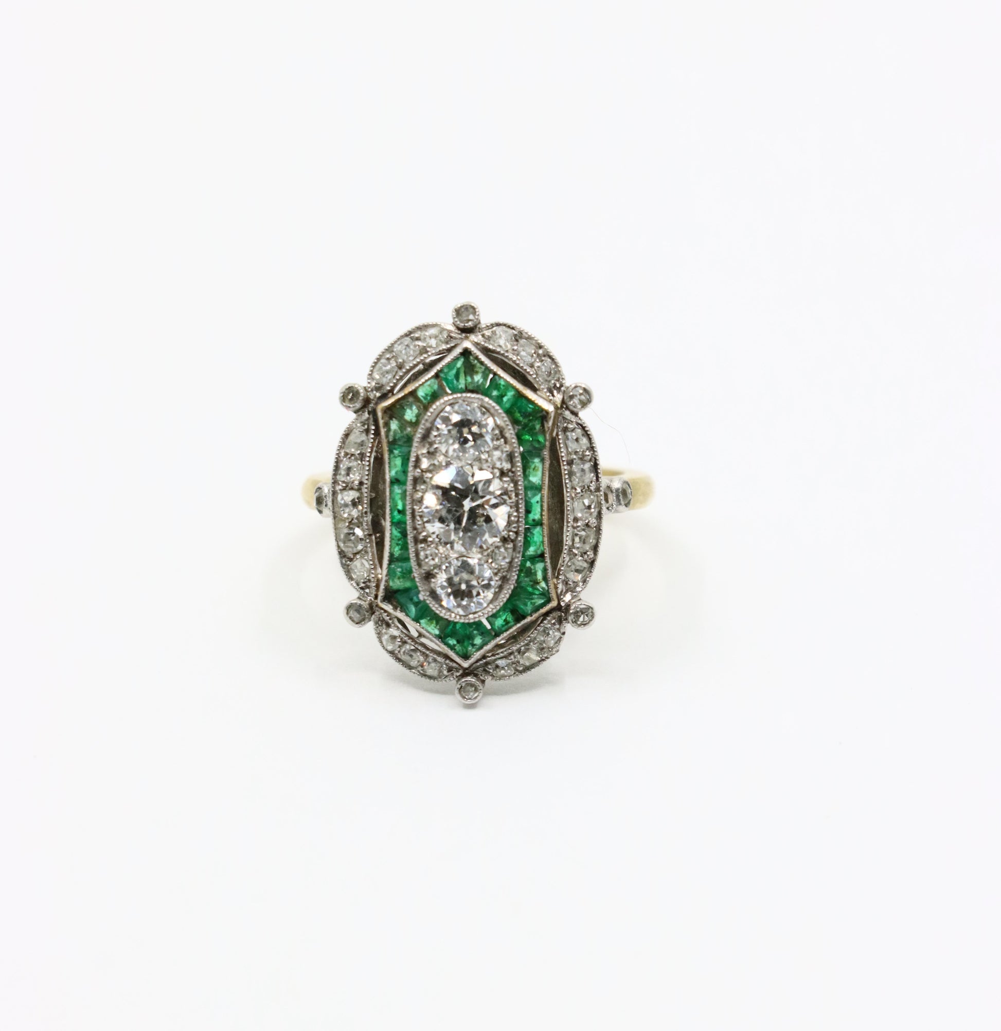 Art Deco 18K Gold & Platinum Diamond Emerald Ring