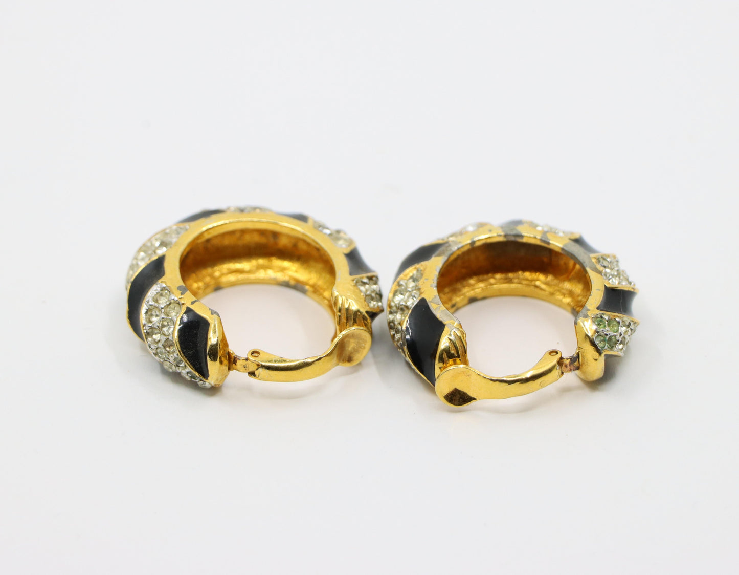 Kenneth Jay Lane KJL Black Enamel Rhinestone Hoop Earrings